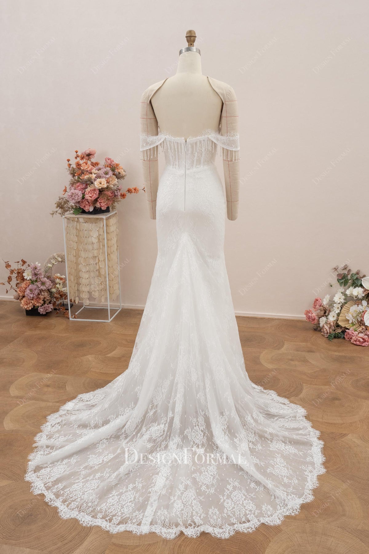 godet lace train wedding dress