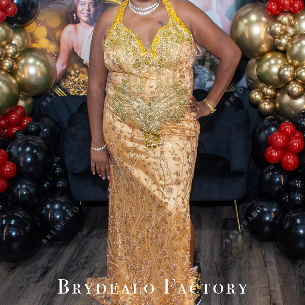 Plus Size Gold Beaded Unique Split Birthday Party Dress Plus Size Gold Beaded Unique Split Birthday Party Dress