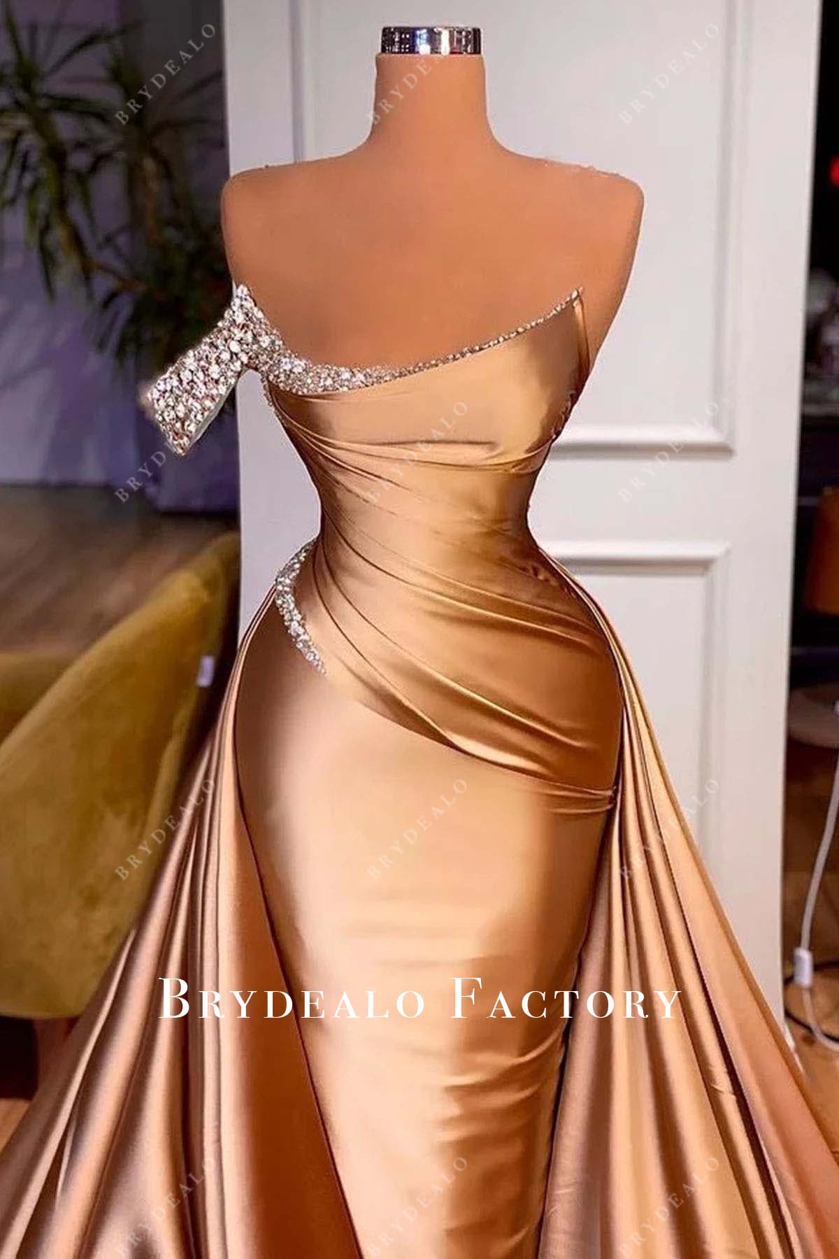 gold asymmetrical neckline prom dress