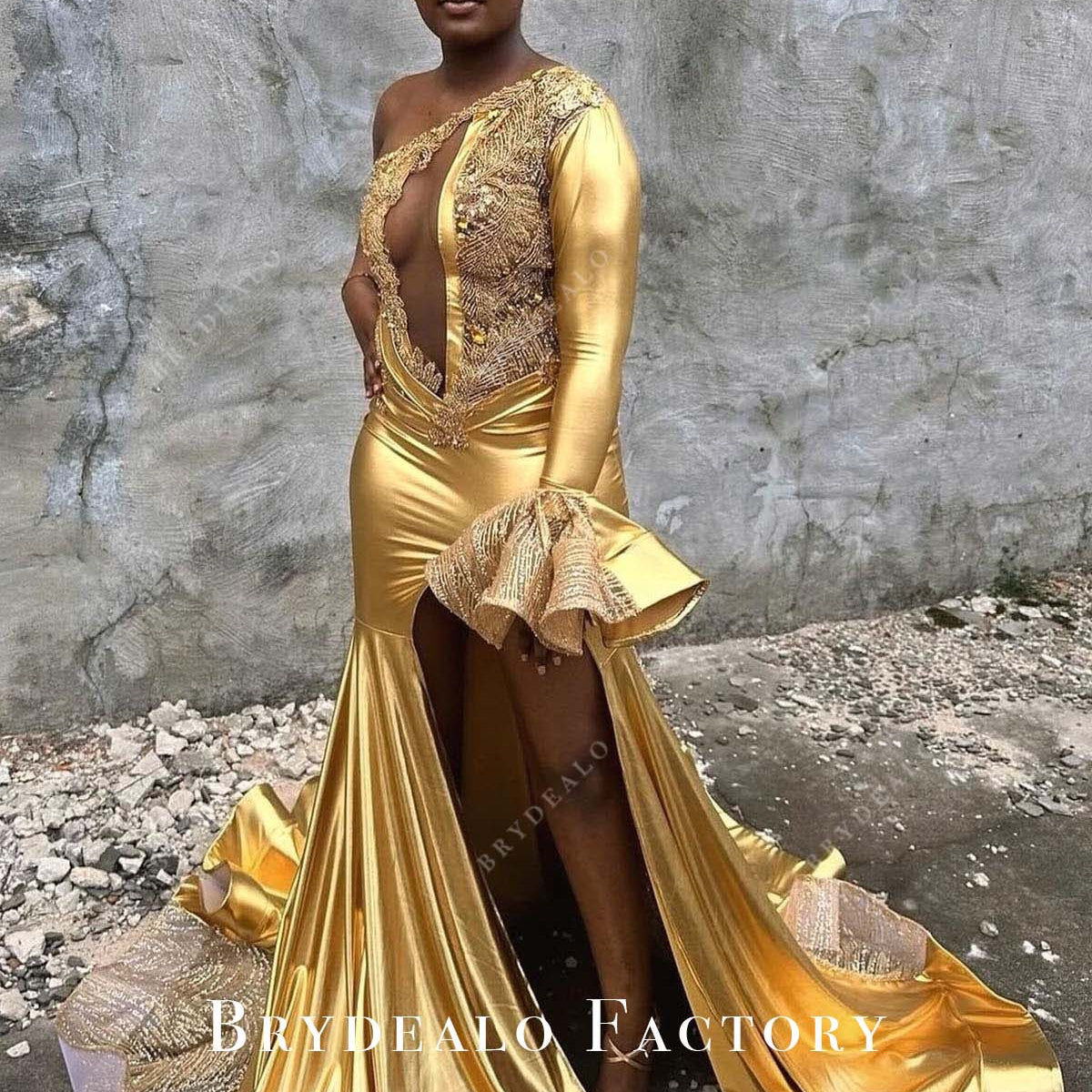 Gold One Sleeve Rhinestones Trumpet Prom Dress