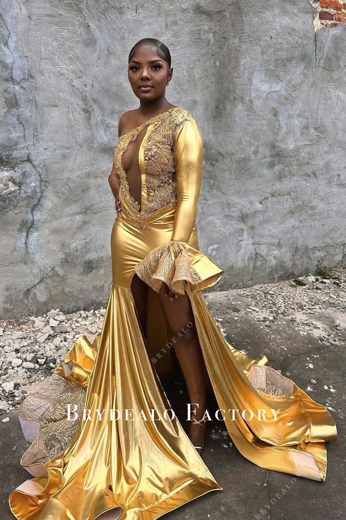 gold asymmetrical neckline trumpet prom dress