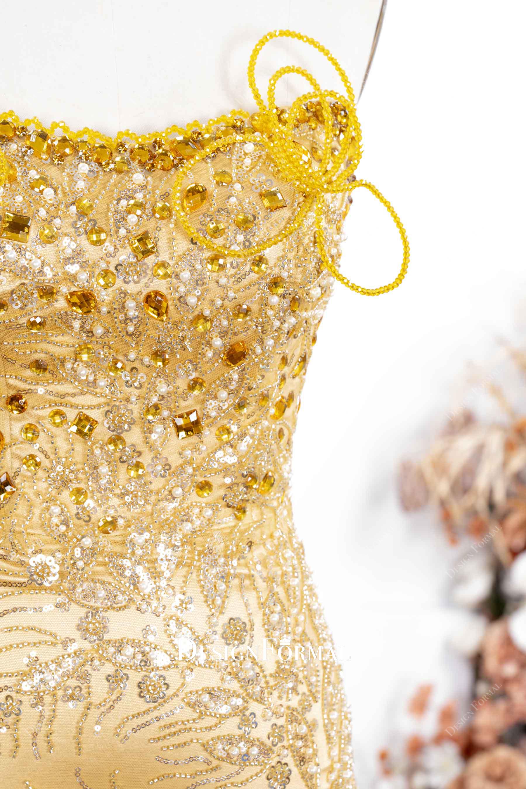 gold beaded rhinestones prom dress