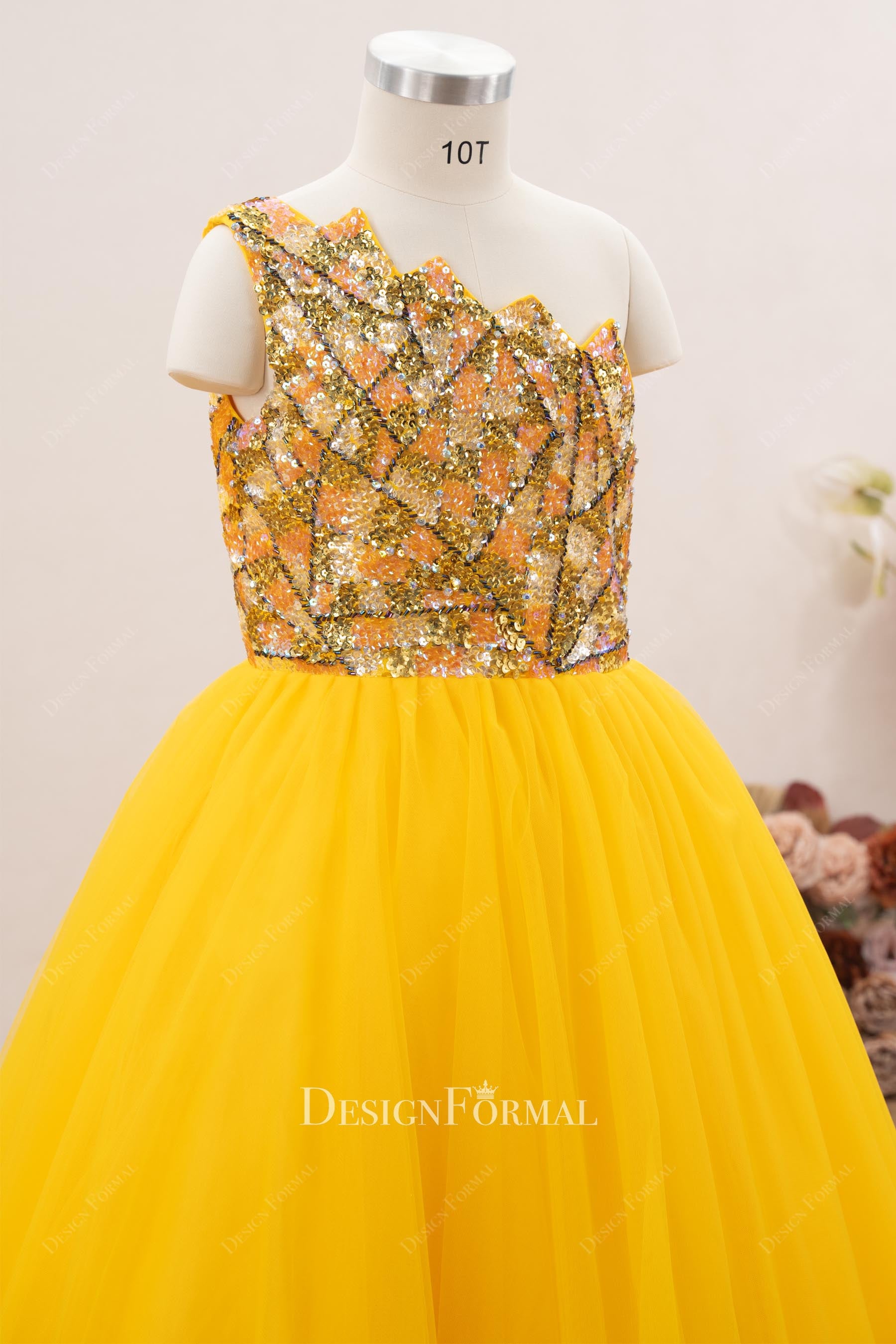 gold beading asymmetrical neckline kids pageant dress