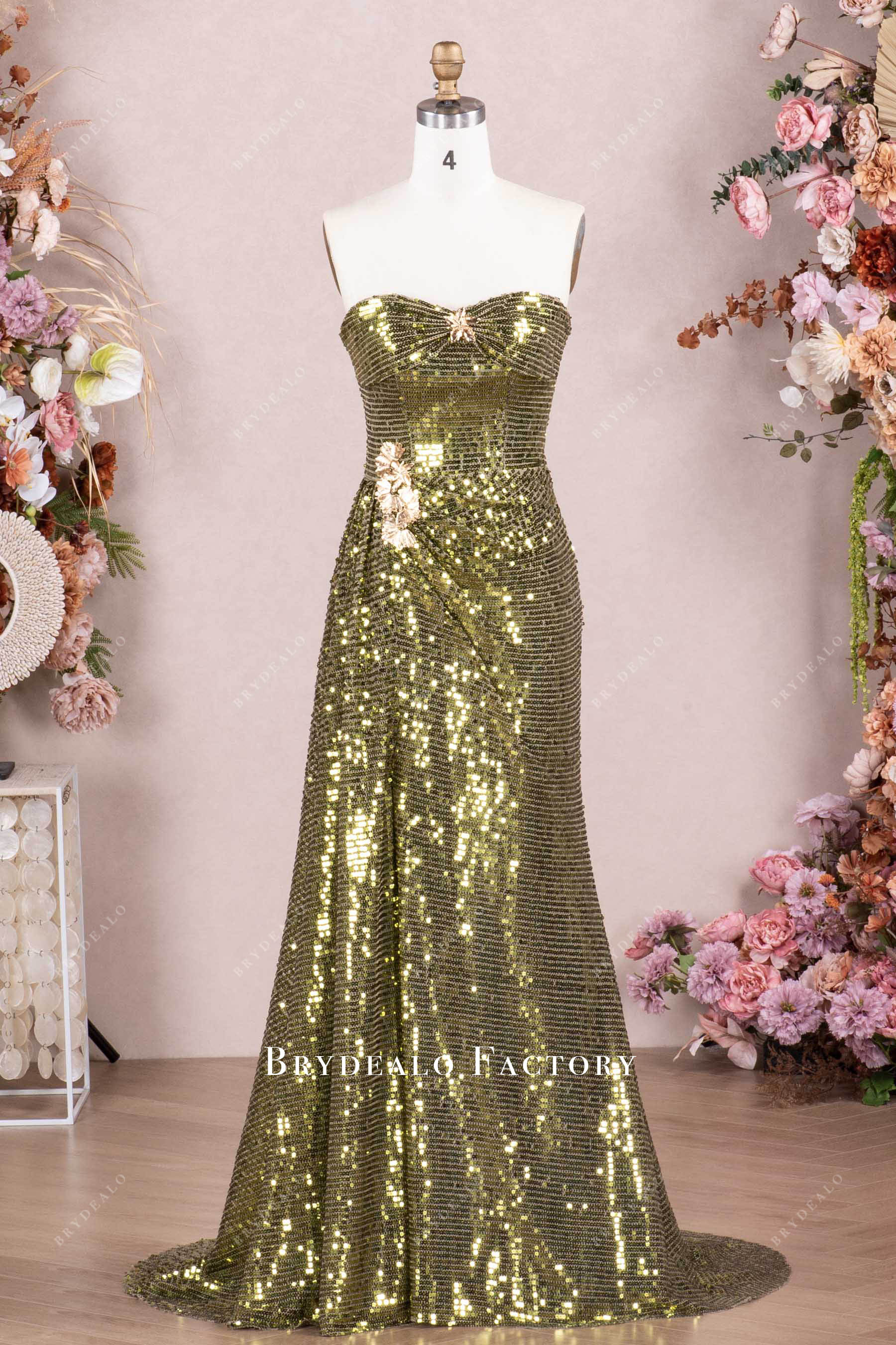 gold brooch green sequin slit prom dress