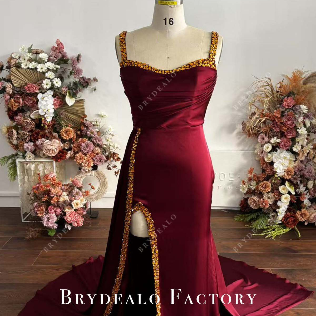 Gold Crystal Plus Size Custom Burgundy Silk Fit & Flare Slit Prom Dress