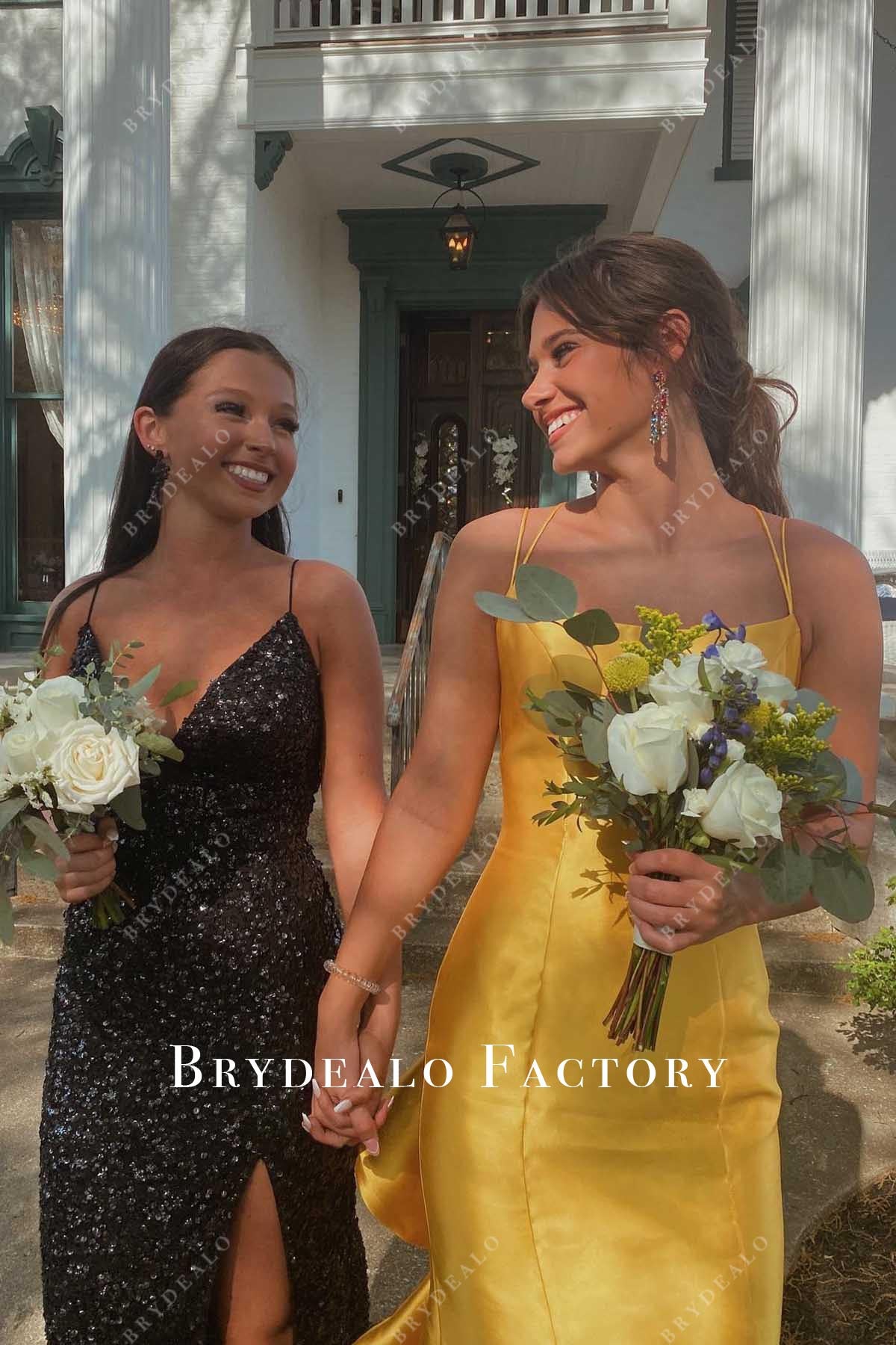 gold double straps prom dress