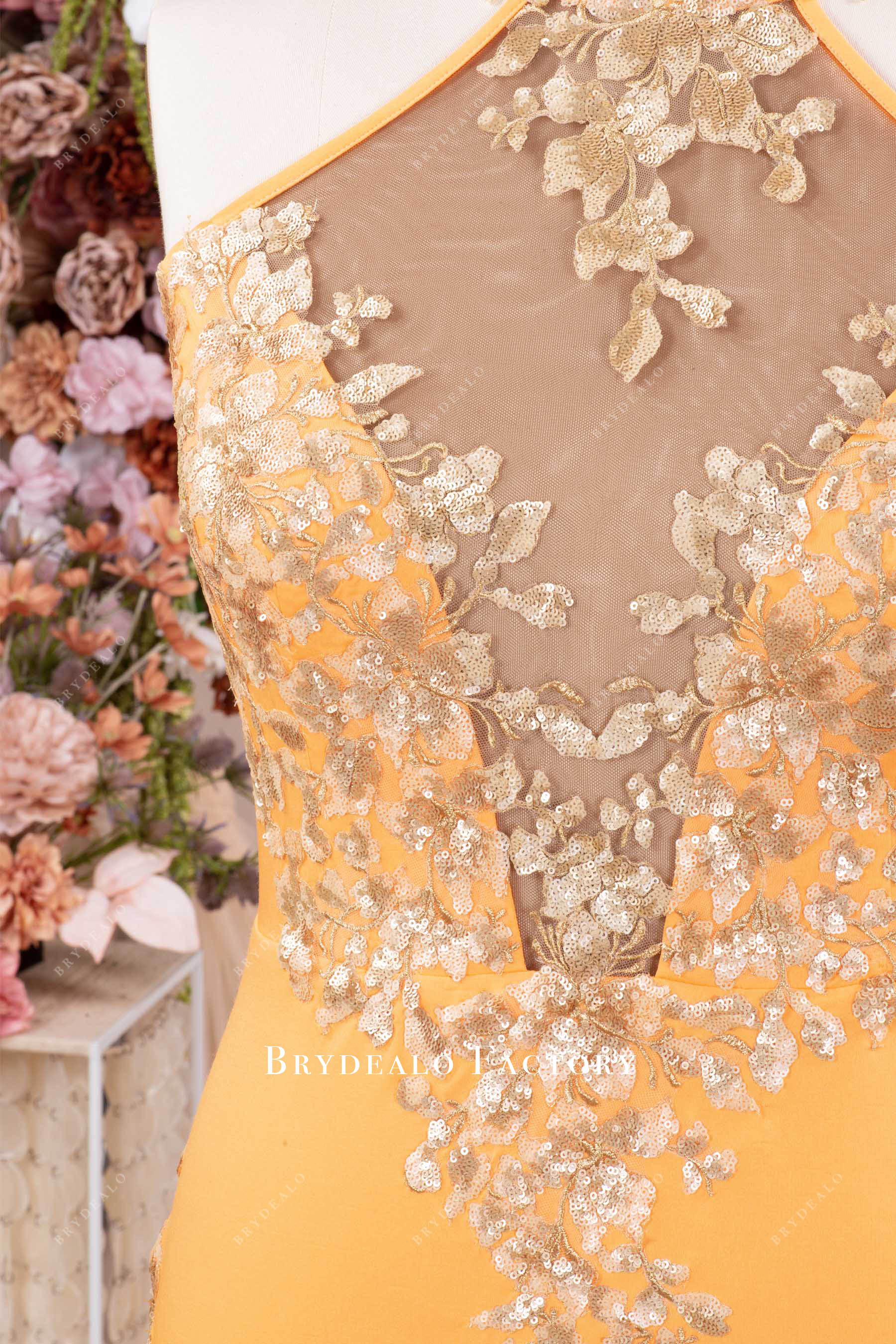 gold flower sequin plus size prom dress