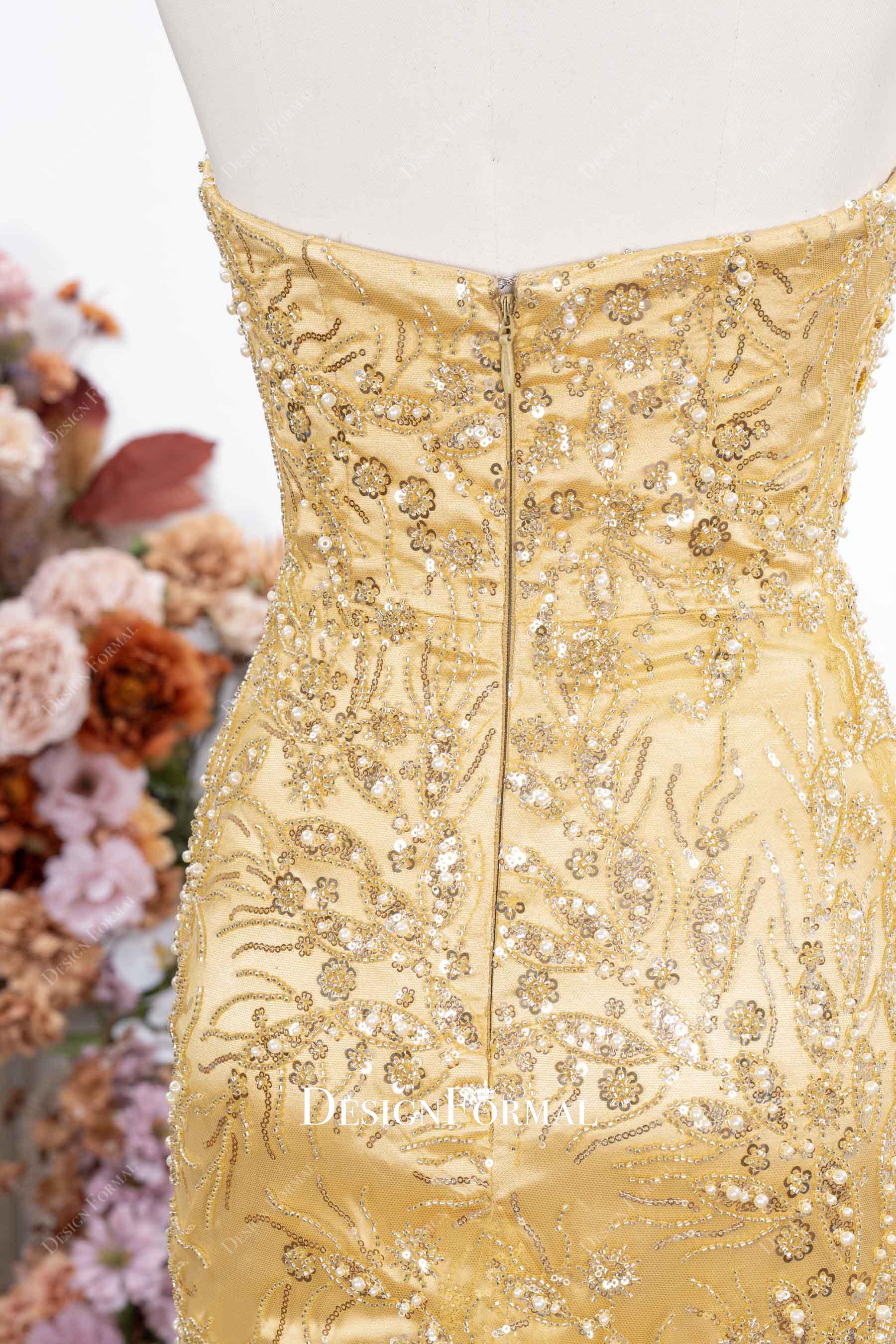gold glitter backless prom dress