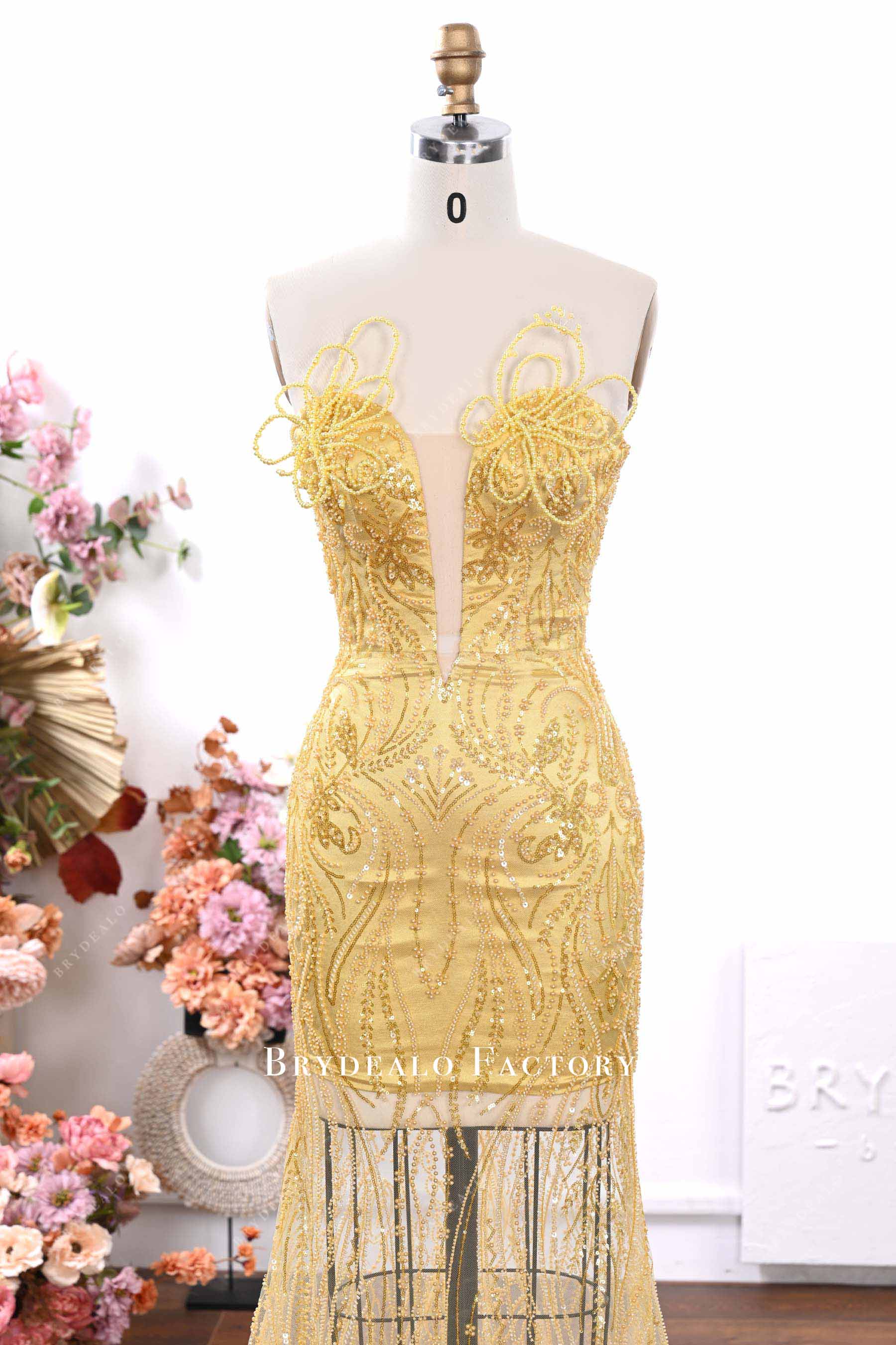 gold glitter beaded sweetheart neck formal gown