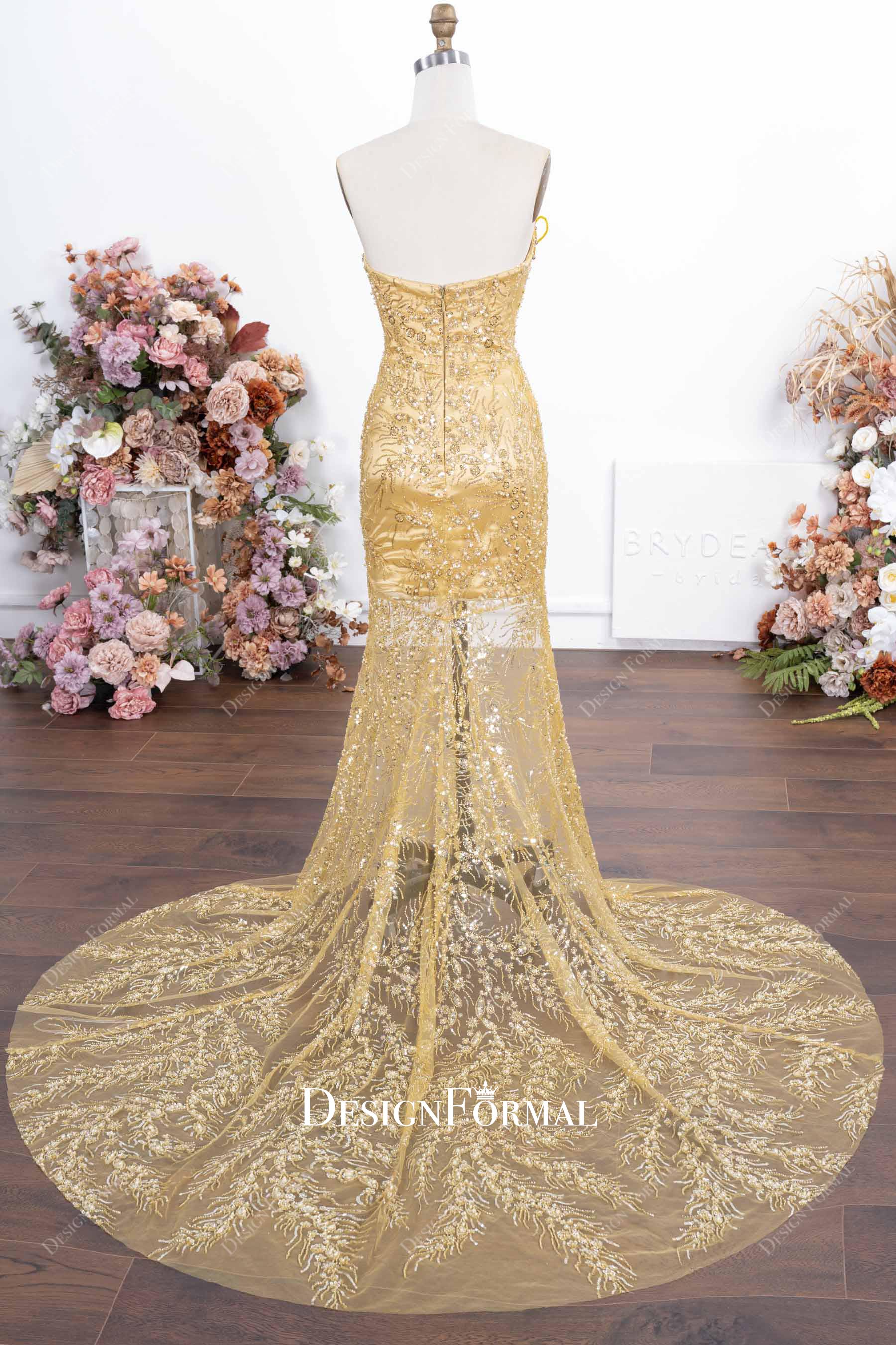 gold glitter chapel train prom dress