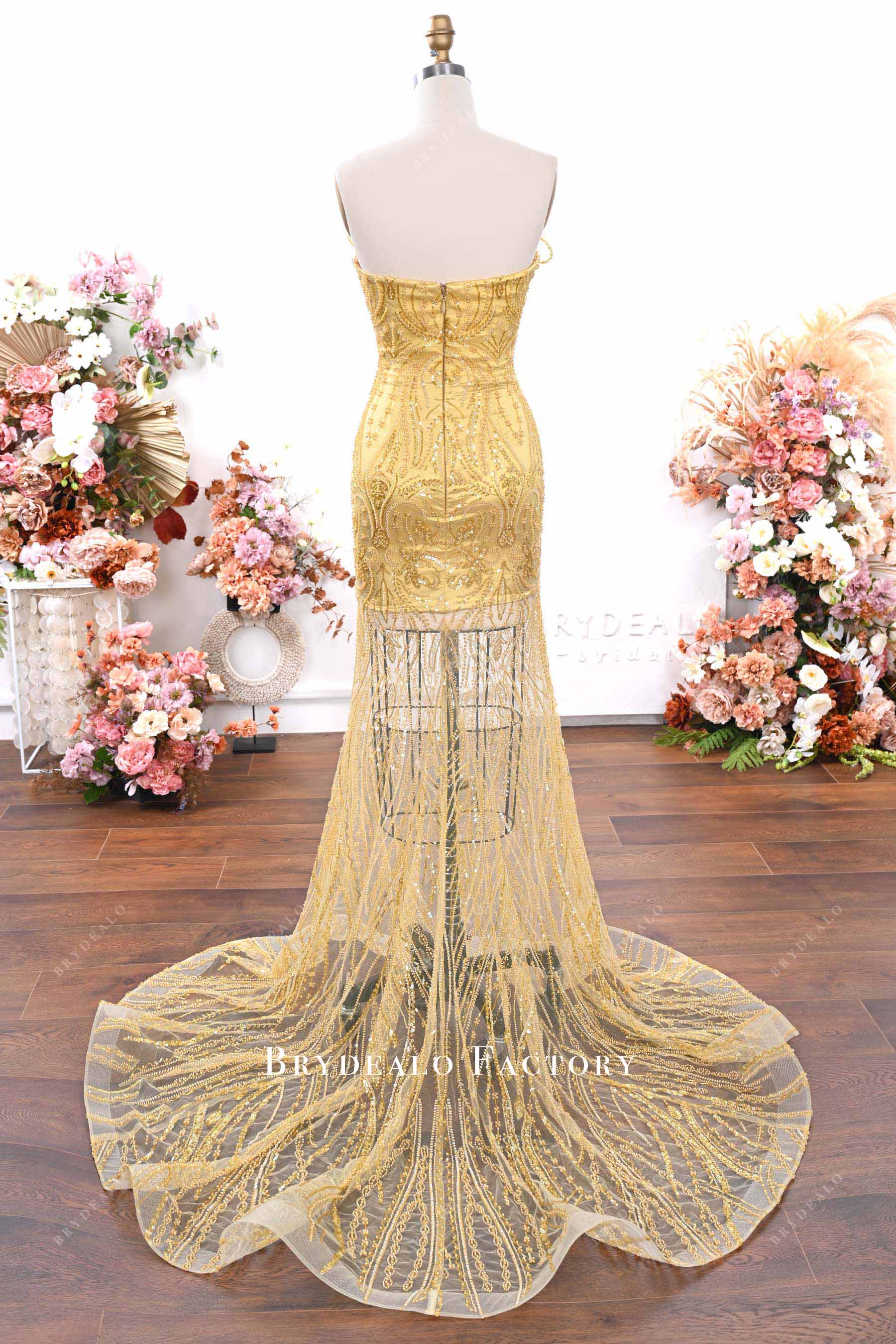 gold glitter illusion train prom dress