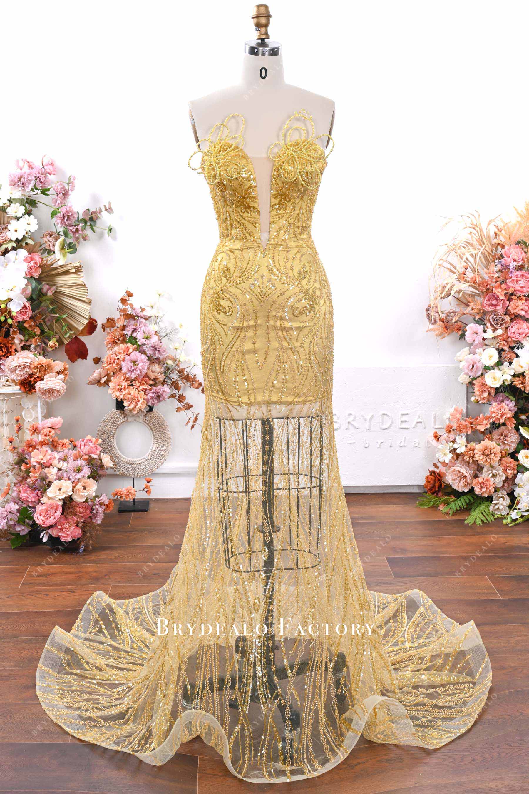 gold glitter lace trumpet formal gown