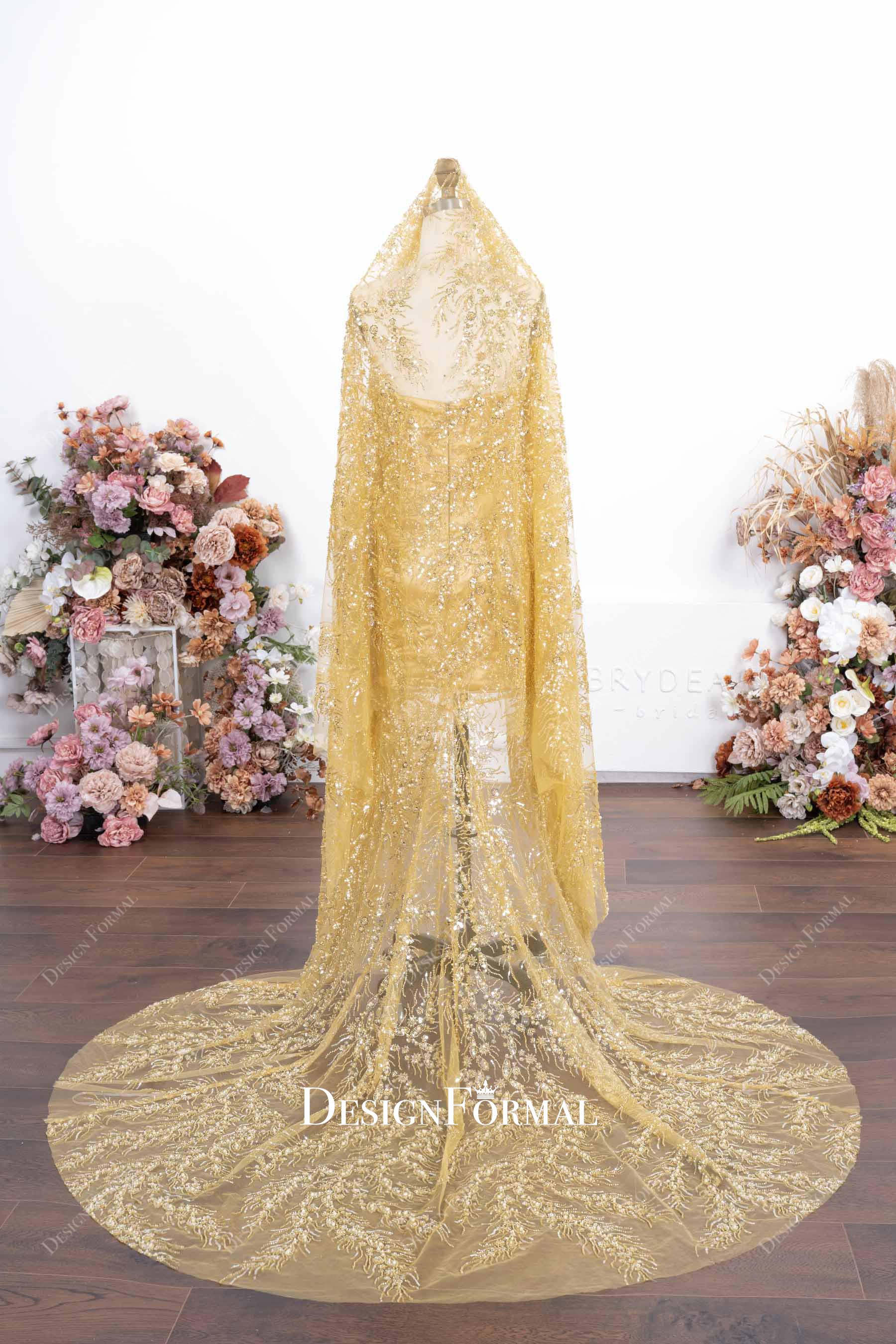 gold glitter shawl prom dress