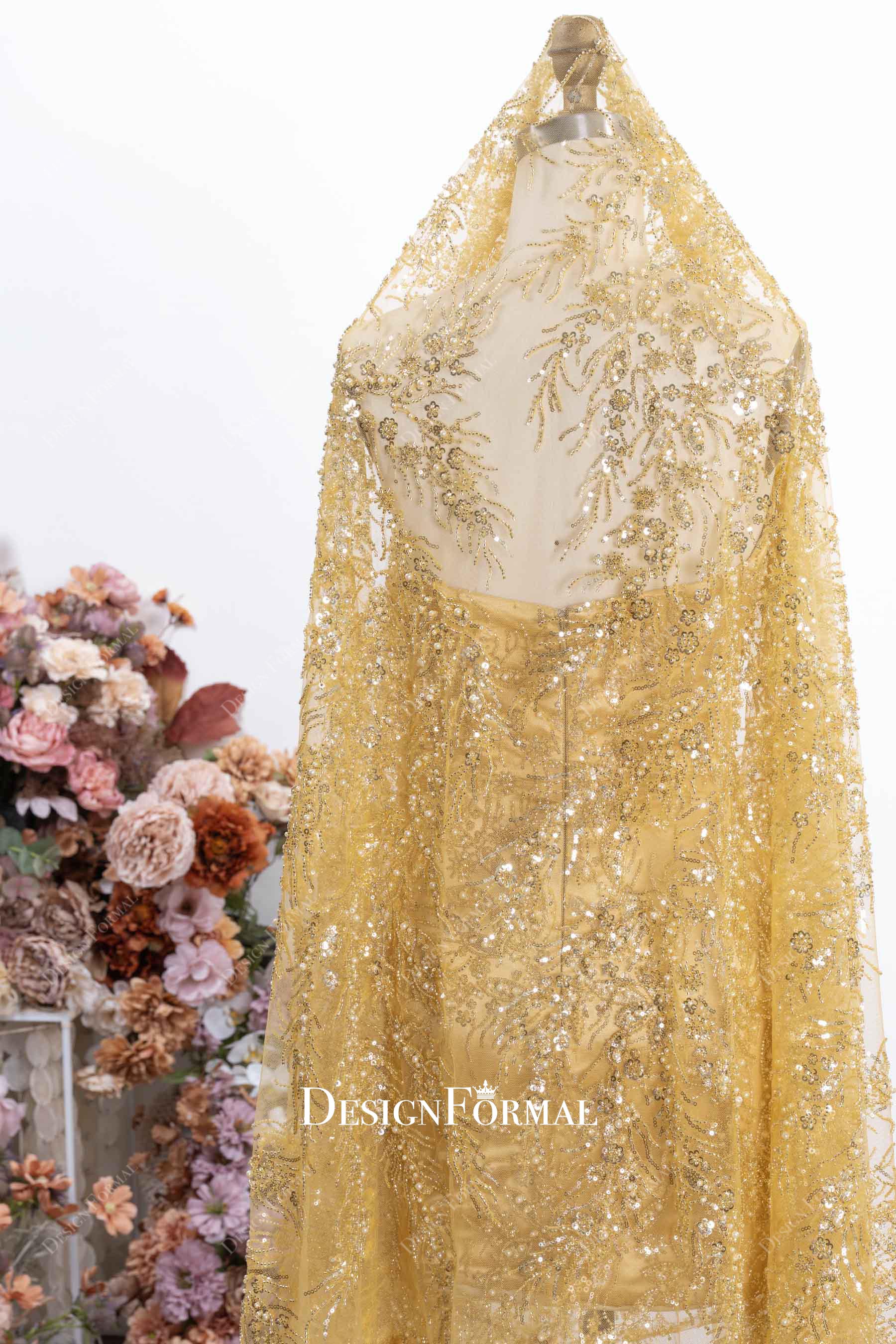 gold glitter shimmery headpiece prom dress