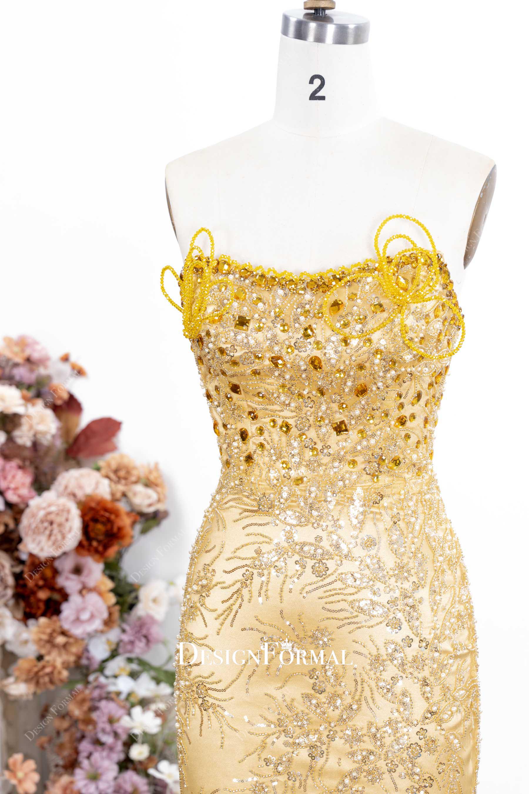 gold glitter v neck prom dress