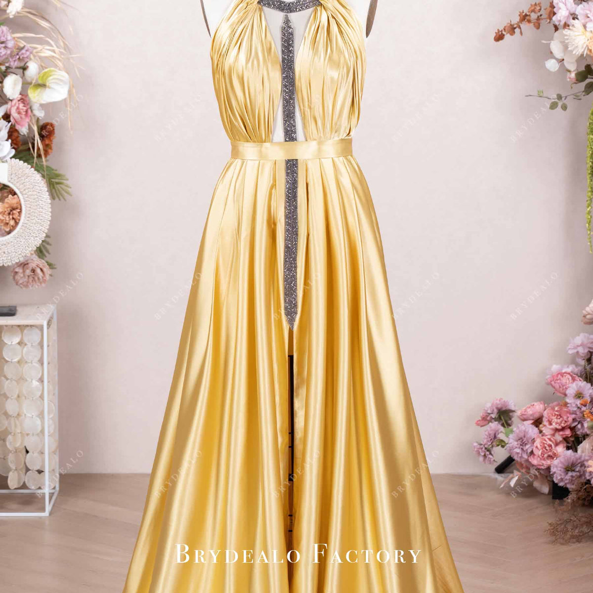 Silver Rhinestone Halter Neck Gold Charmeuse Prom Dress