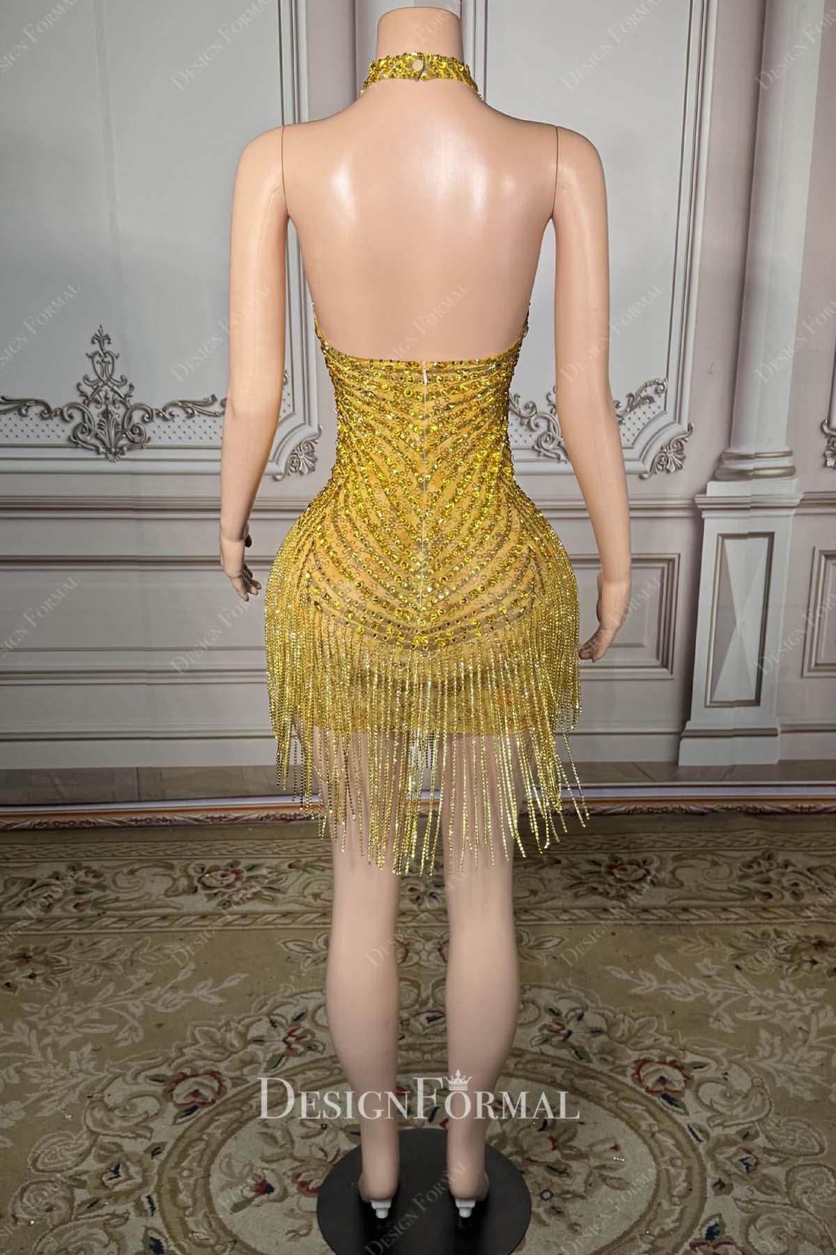 gold halter open back prom dress