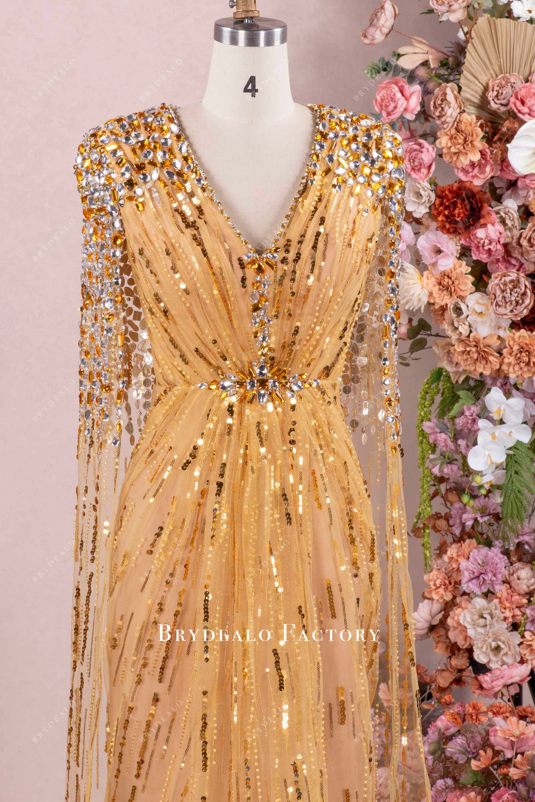 gold hand-sewn rhinestone V-neck formal dress