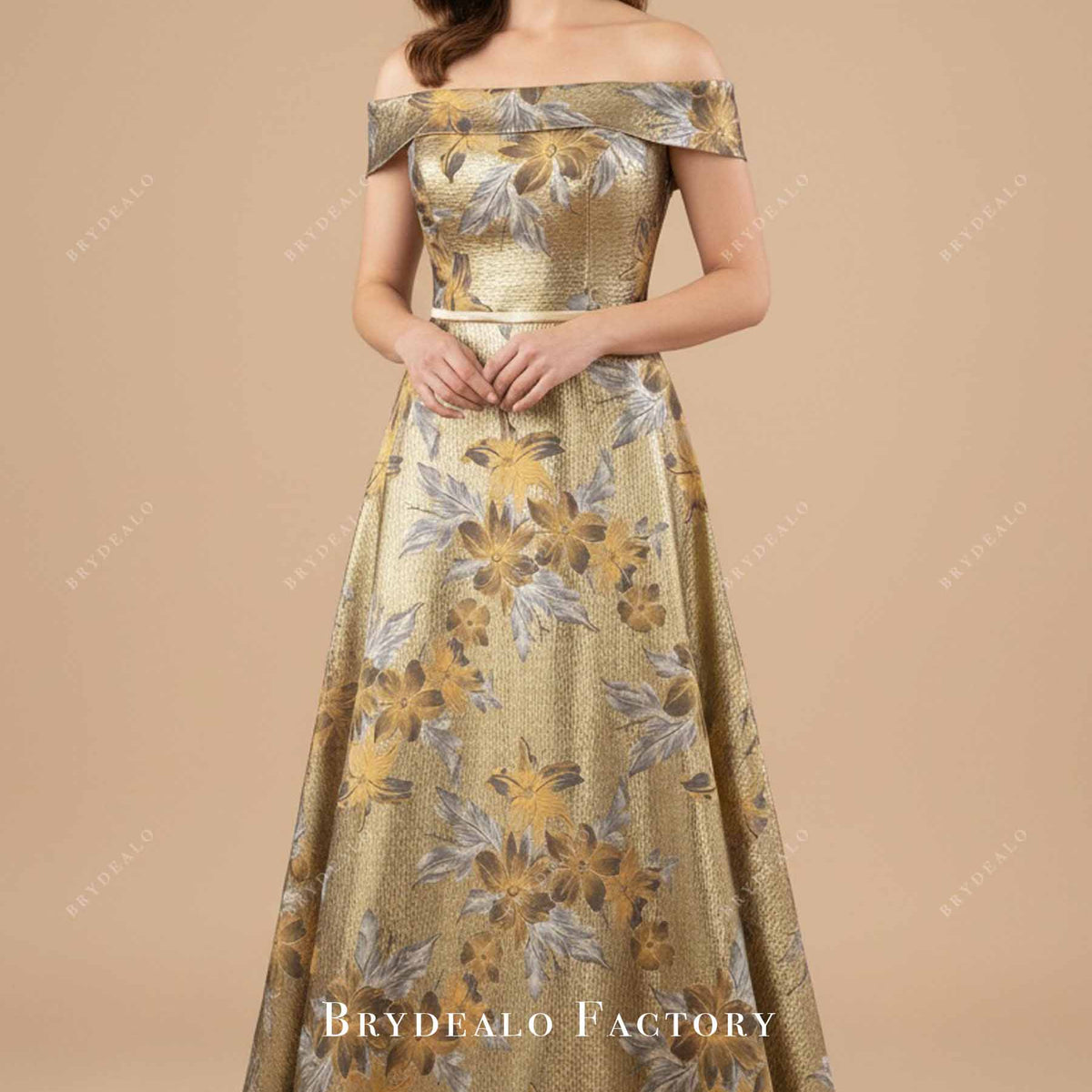 Gold Jacquard Off-Shoulder Mother of the Bride Dress Gold Jacquard Off-Shoulder Mother of the Bride Dress
