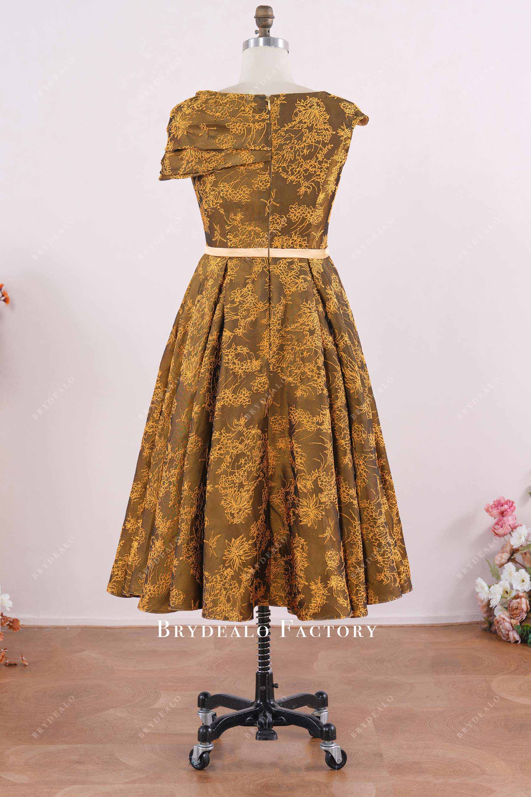 gold jacquard asymmetrical sleeve mother of bride dress