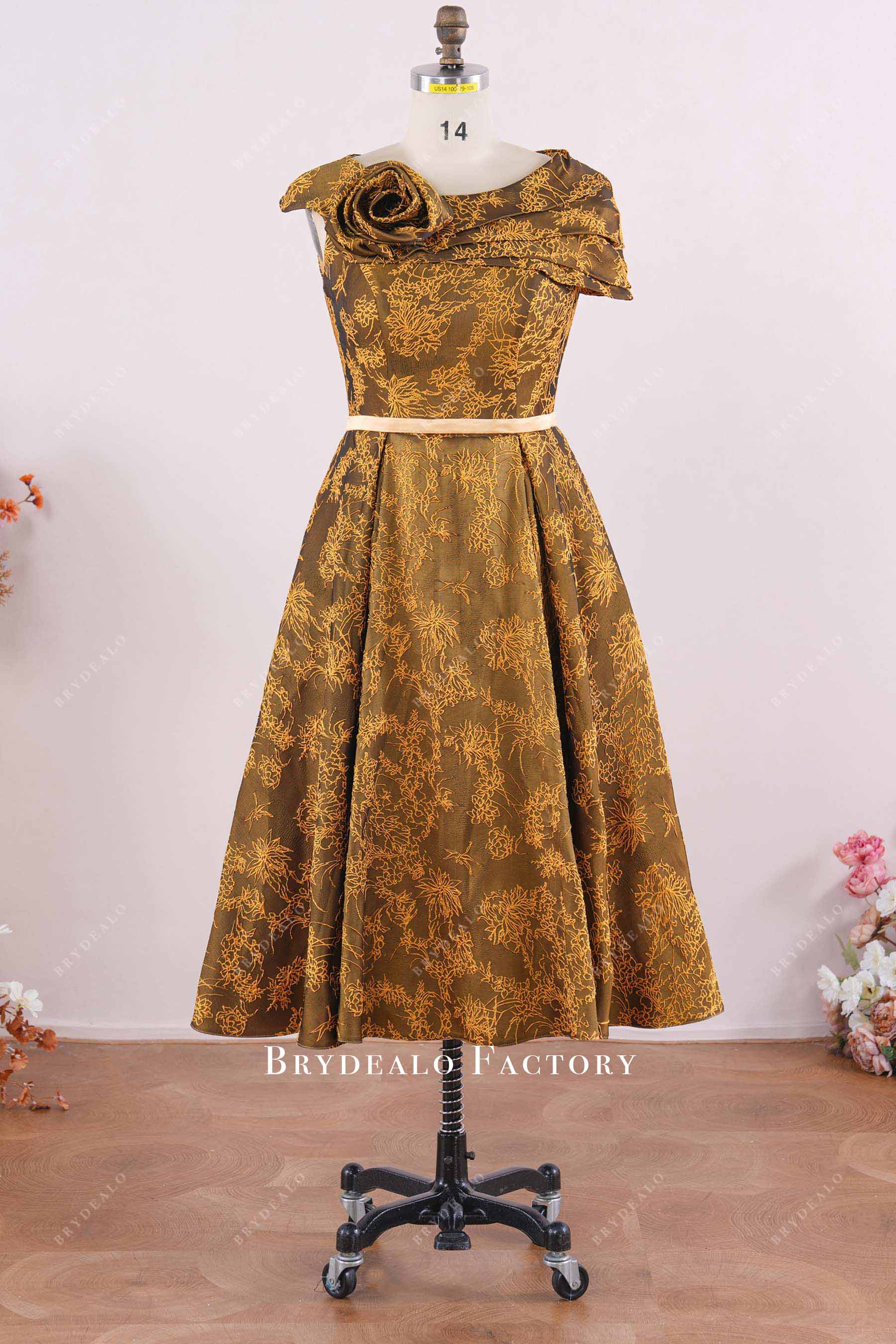 gold jacquard tea length mother of bride dress