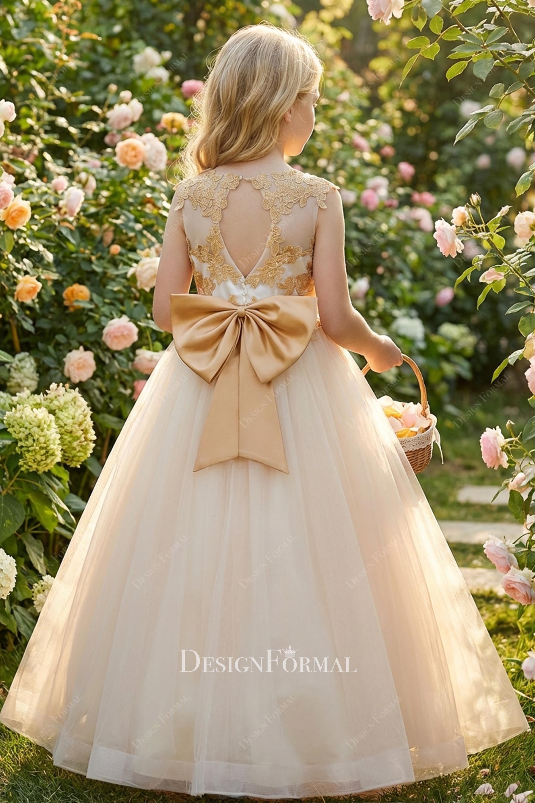 gold knot back flower girl dress