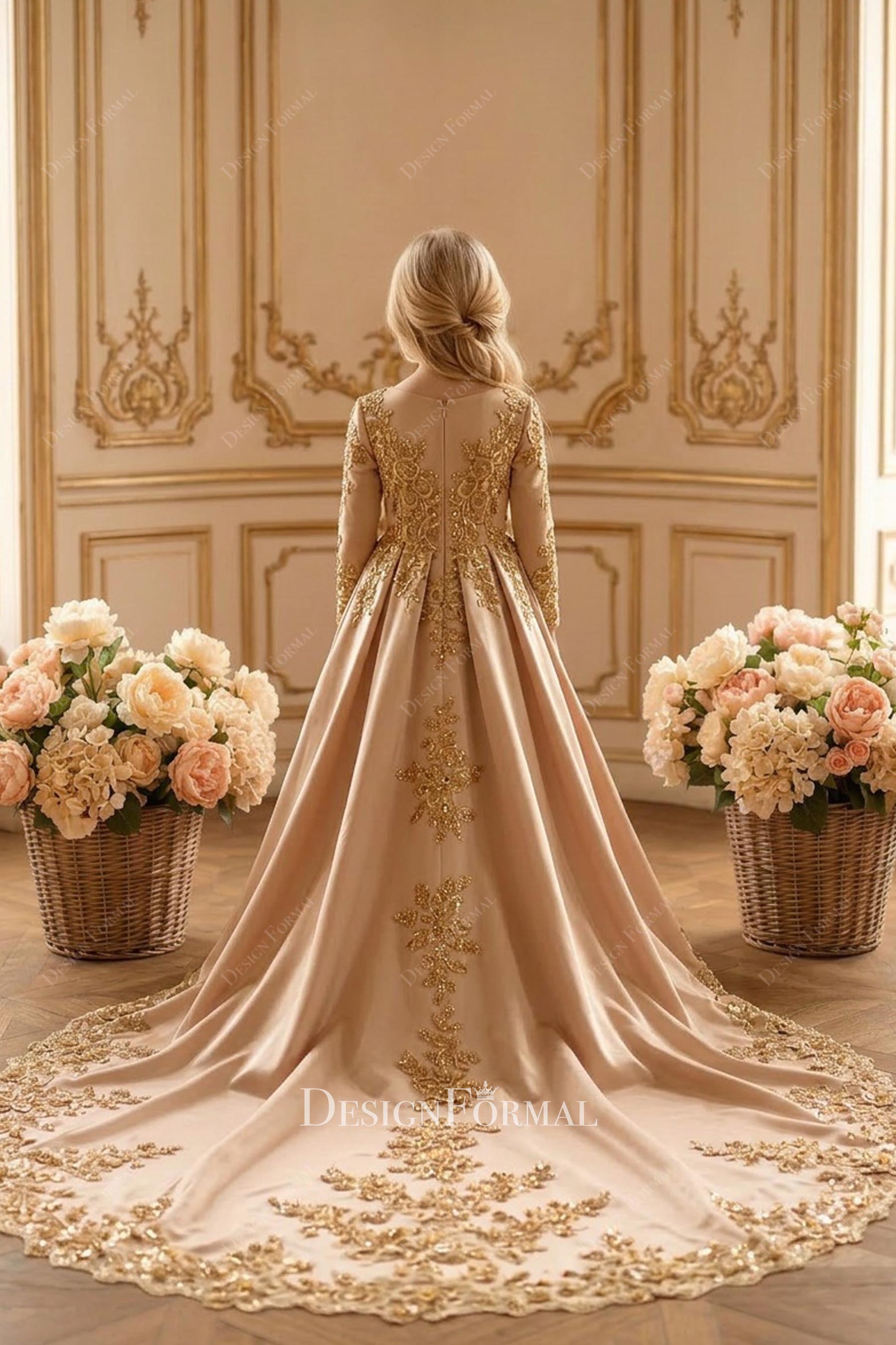 gold lace applique chapel train first Coummunion dress