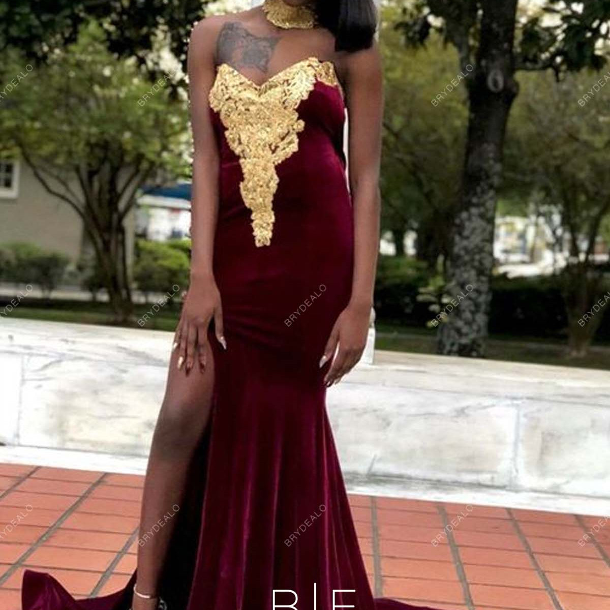 Gold Lace Choker Neck Burgundy Velvet Slit Mermaid Formal Dress