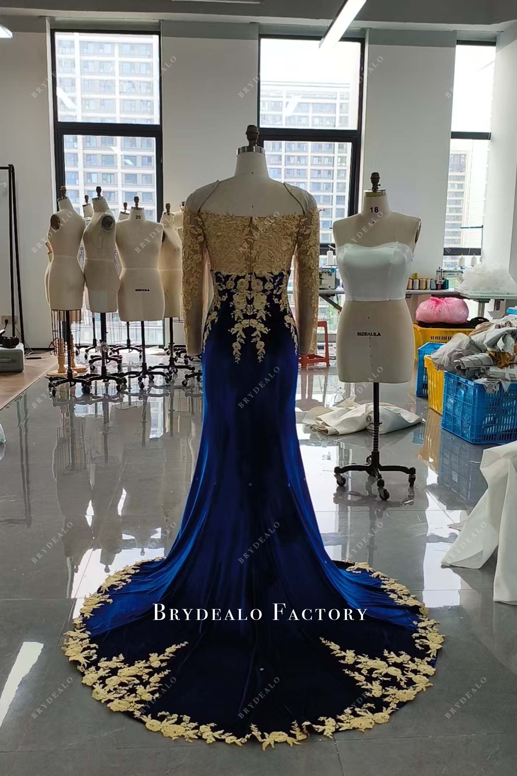 gold lace chapel train wedding reception dress