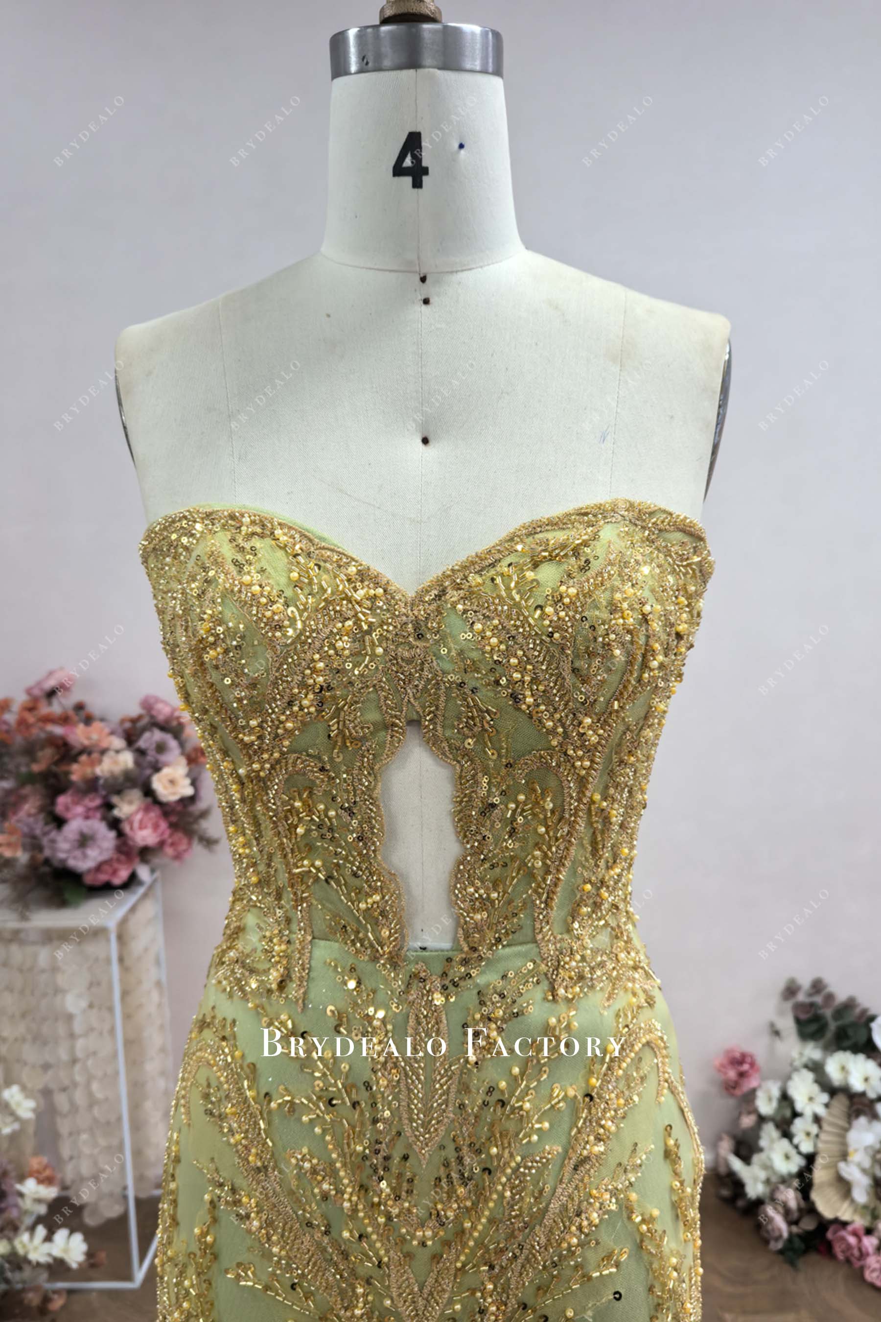 gold lace keyhole sweetheart neck prom dress
