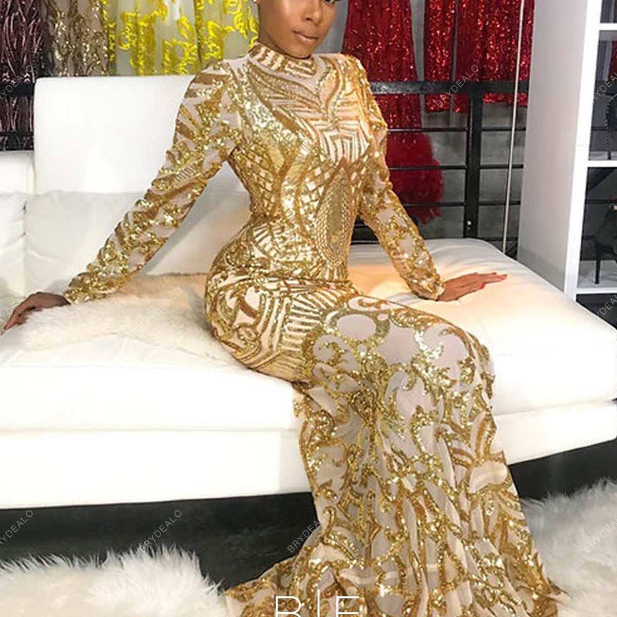 Gold Sequin Mock Neck Sheer Sleeve Mermaid Long Prom Dress