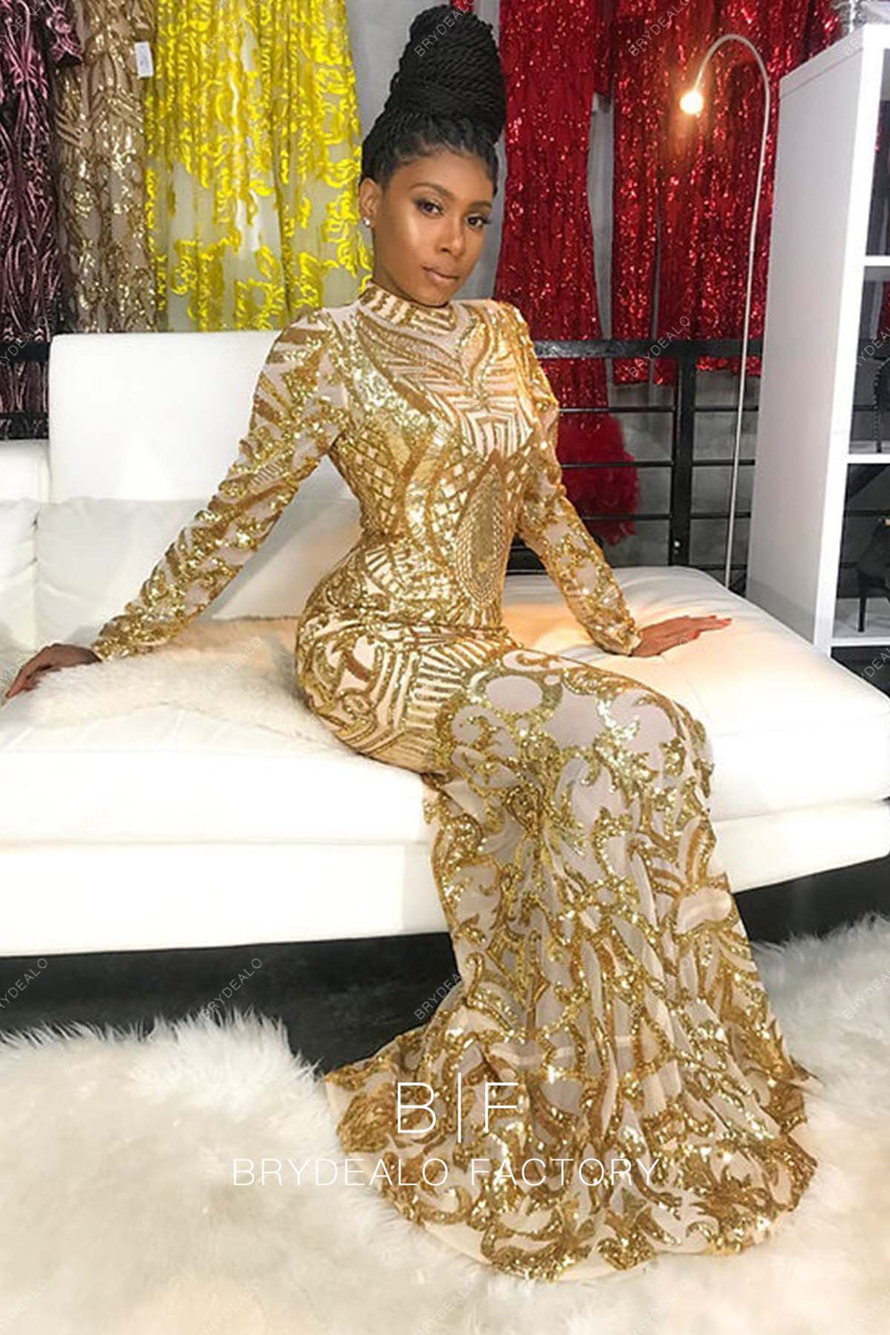 Glamorous Sequin Mock Neck Long Sleeve Dress main image 1