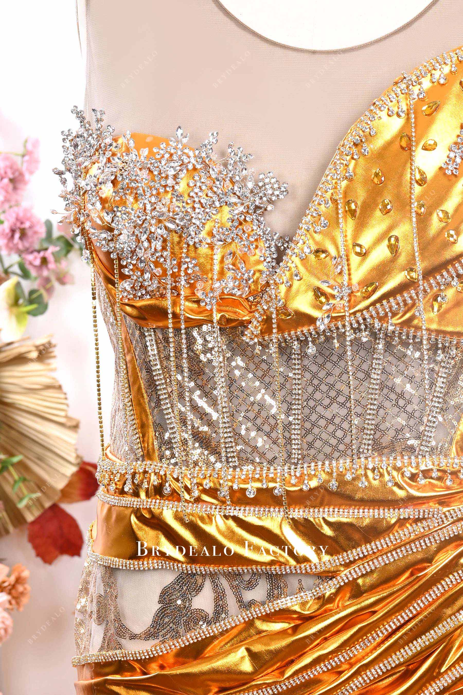 gold metallic rhinestones prom dress