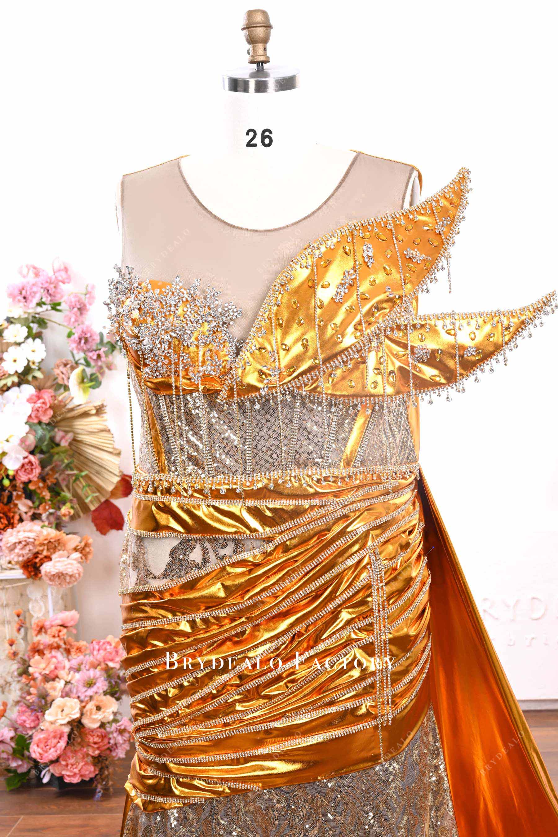 gold metallic sleeveless prom dress