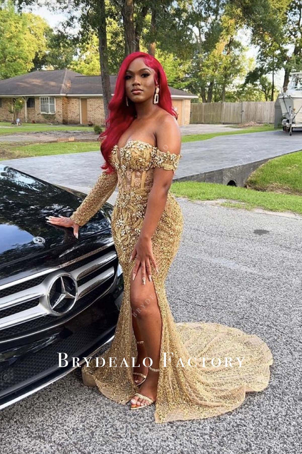 Glam Up with Chic V-Neck Gold Crystal Long Prom Dress Online