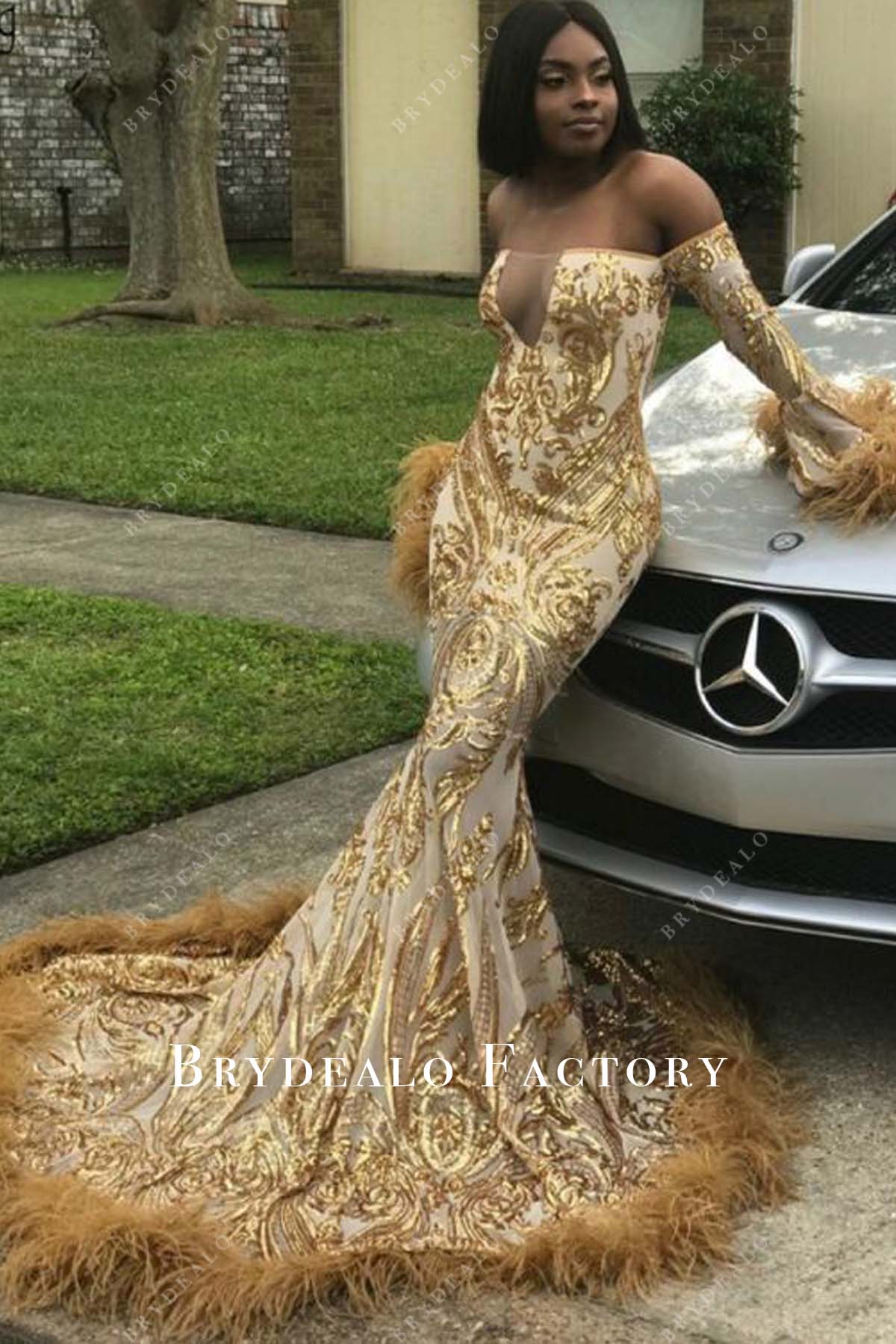 Gold Sequin Off Shoulder Feather Long Train Mermaid Prom Dress