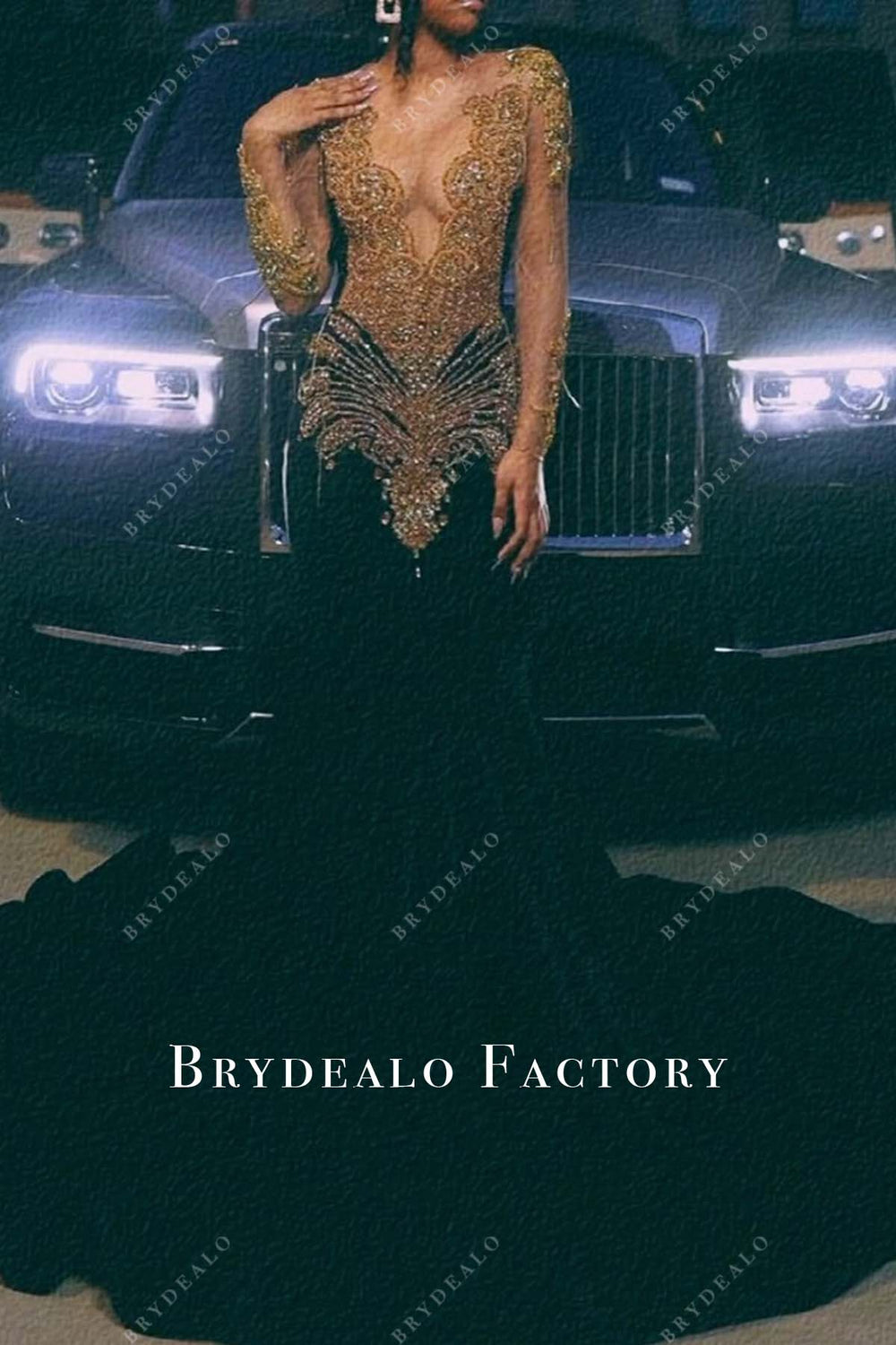 Black Long-Sleeve Mermaid Prom Dress with Gold Appliques