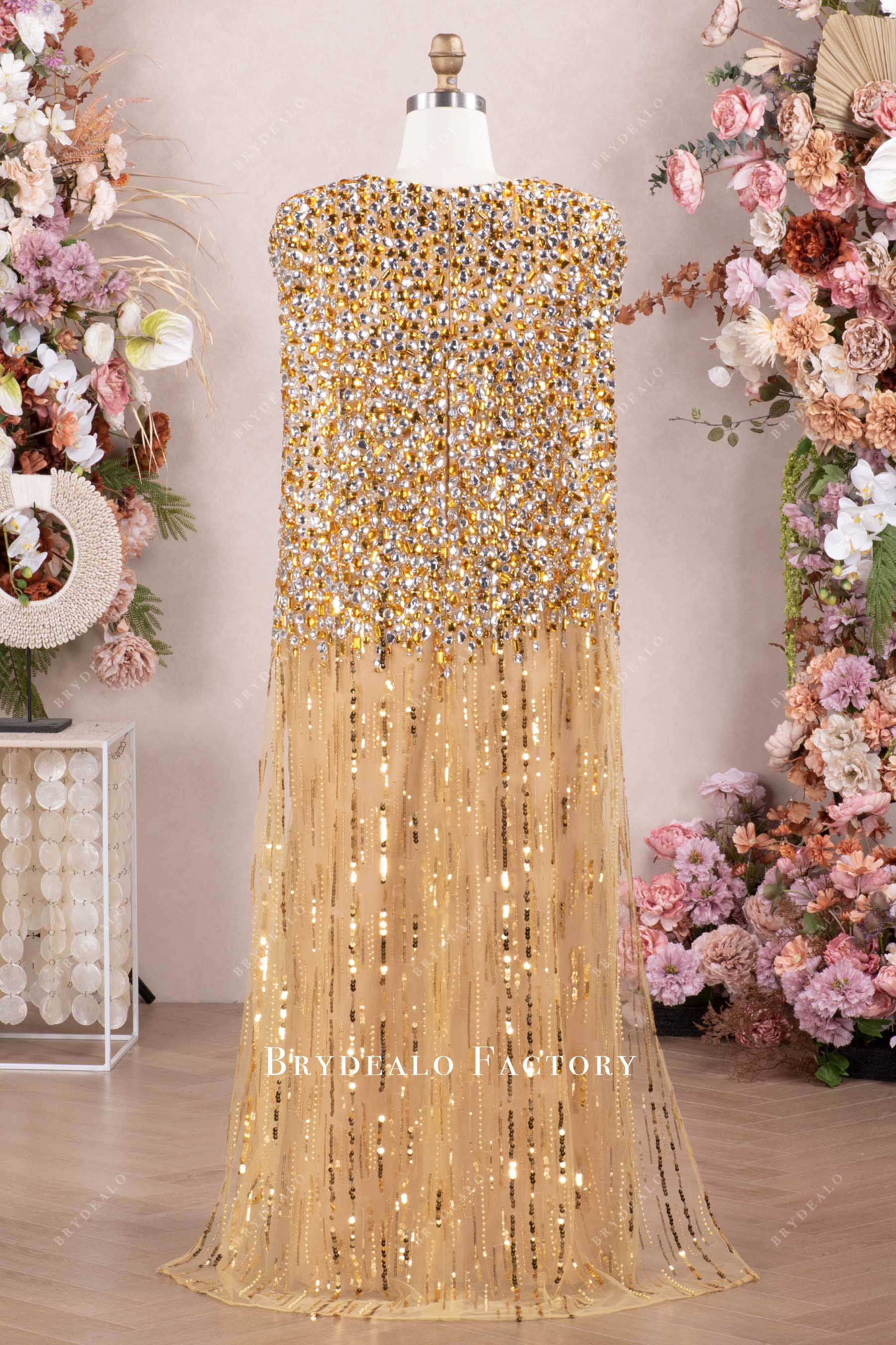 gold rhinestone cape floor length wedding dress