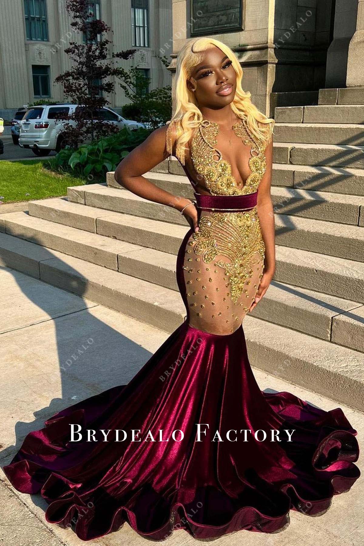 gold rhinestone sleeveless mermaid prom dress