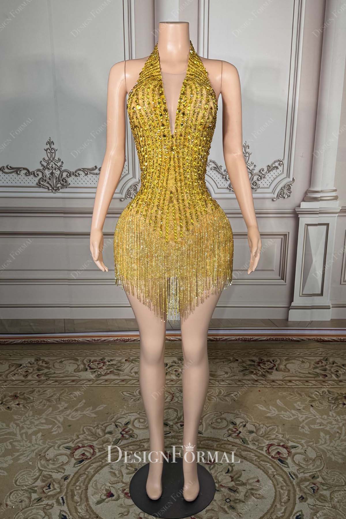 gold rhinestones halter prom dress