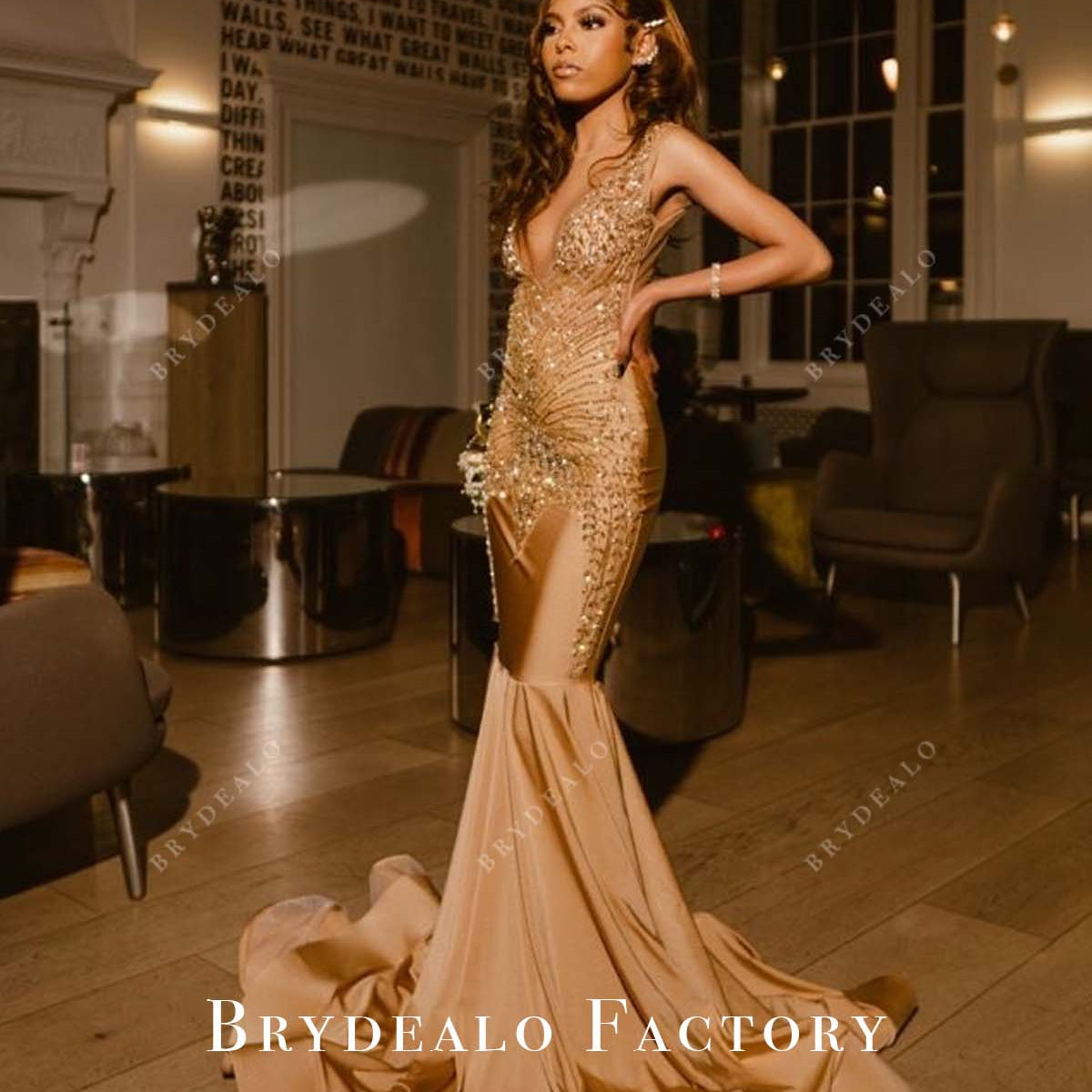 senior prom dress Gold Rhinestones Sleeveless Mermaid Senior Prom Dress