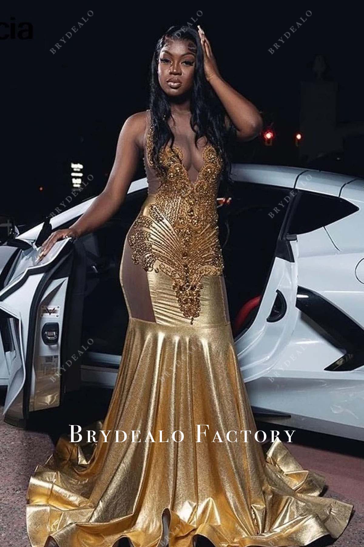 gold rhinestones sleeveless trumpet prom dress