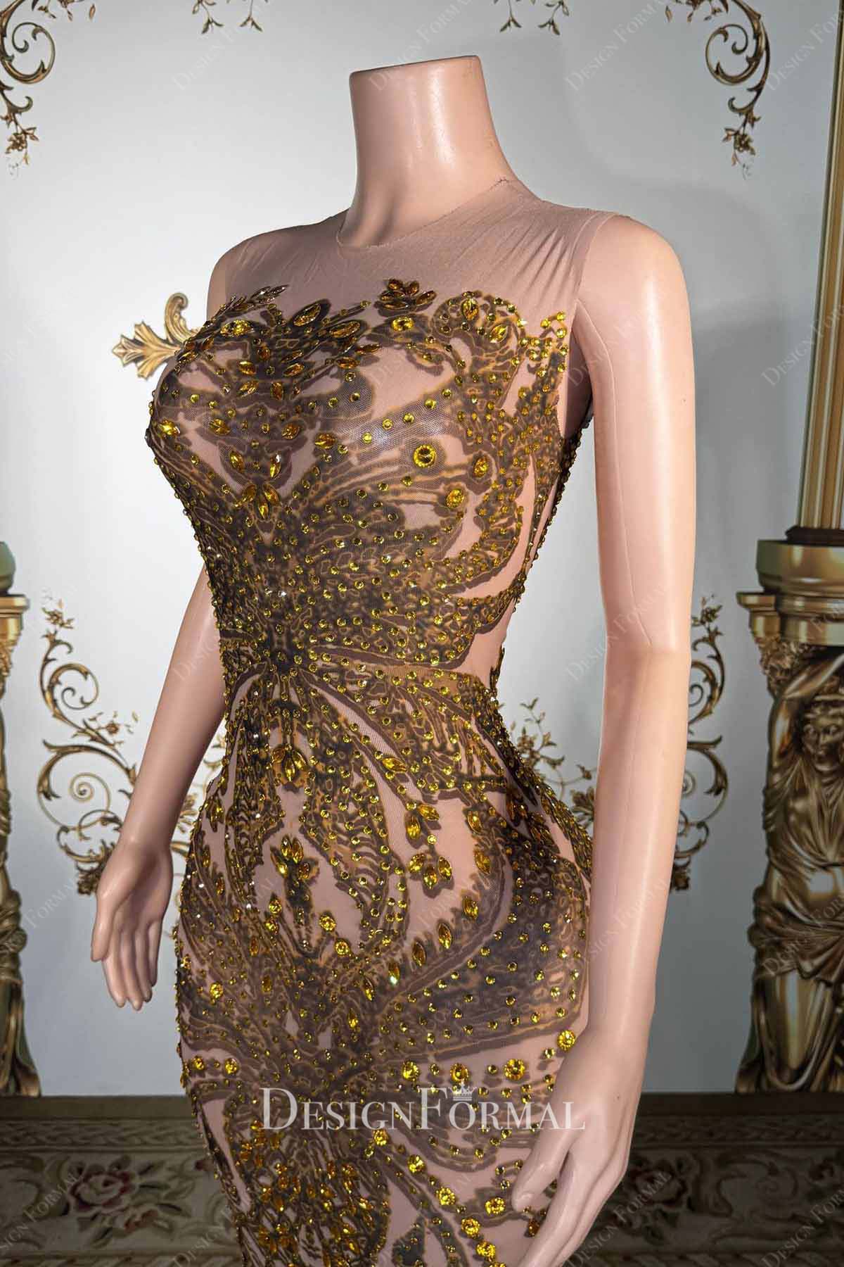 gold rhinestones warm beige crew neck prom dress