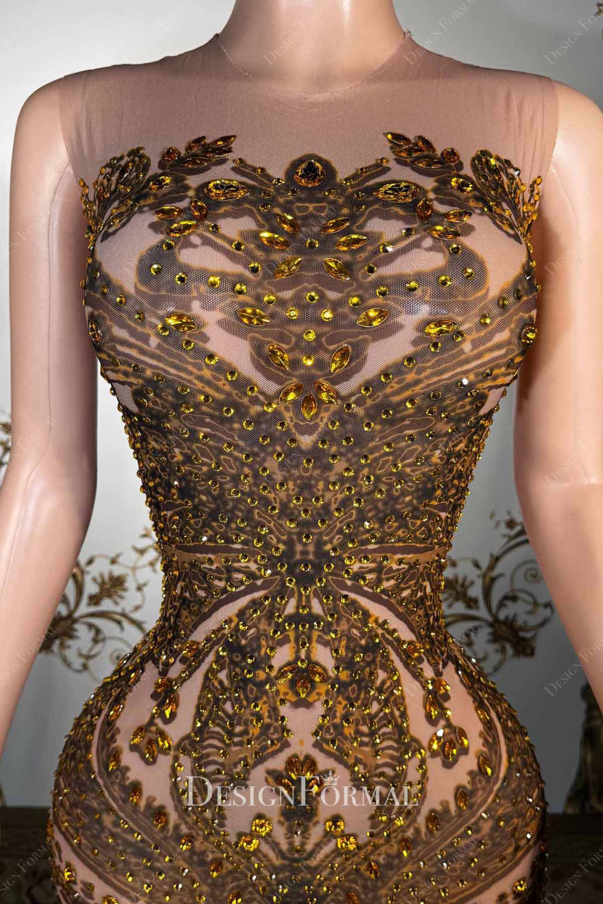 gold rhinestones warm beige prom dress