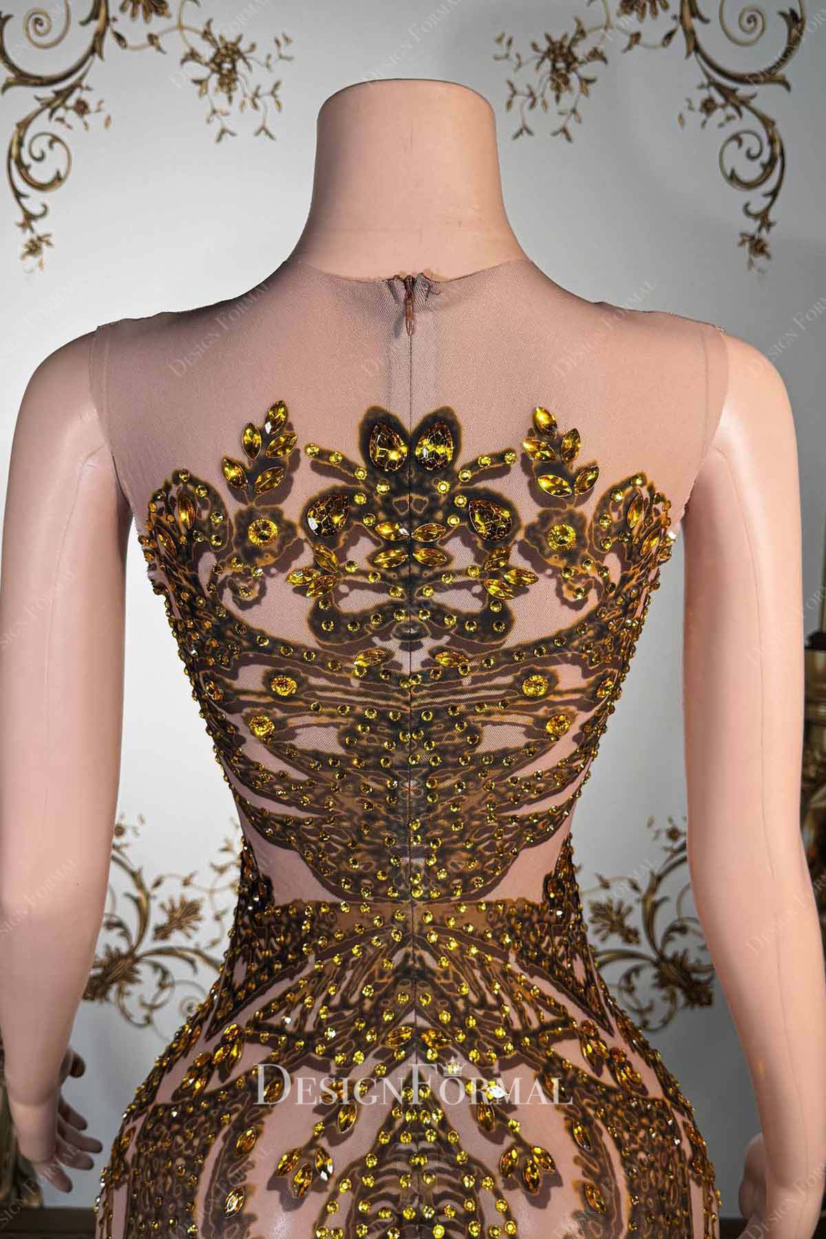 gold rhinestones warm beige sleeveless prom dress