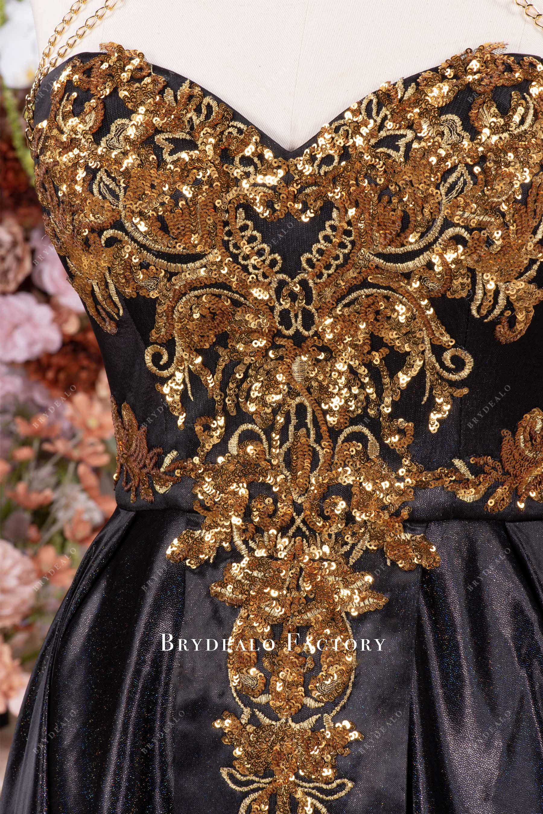 gold sequin applique prom dress