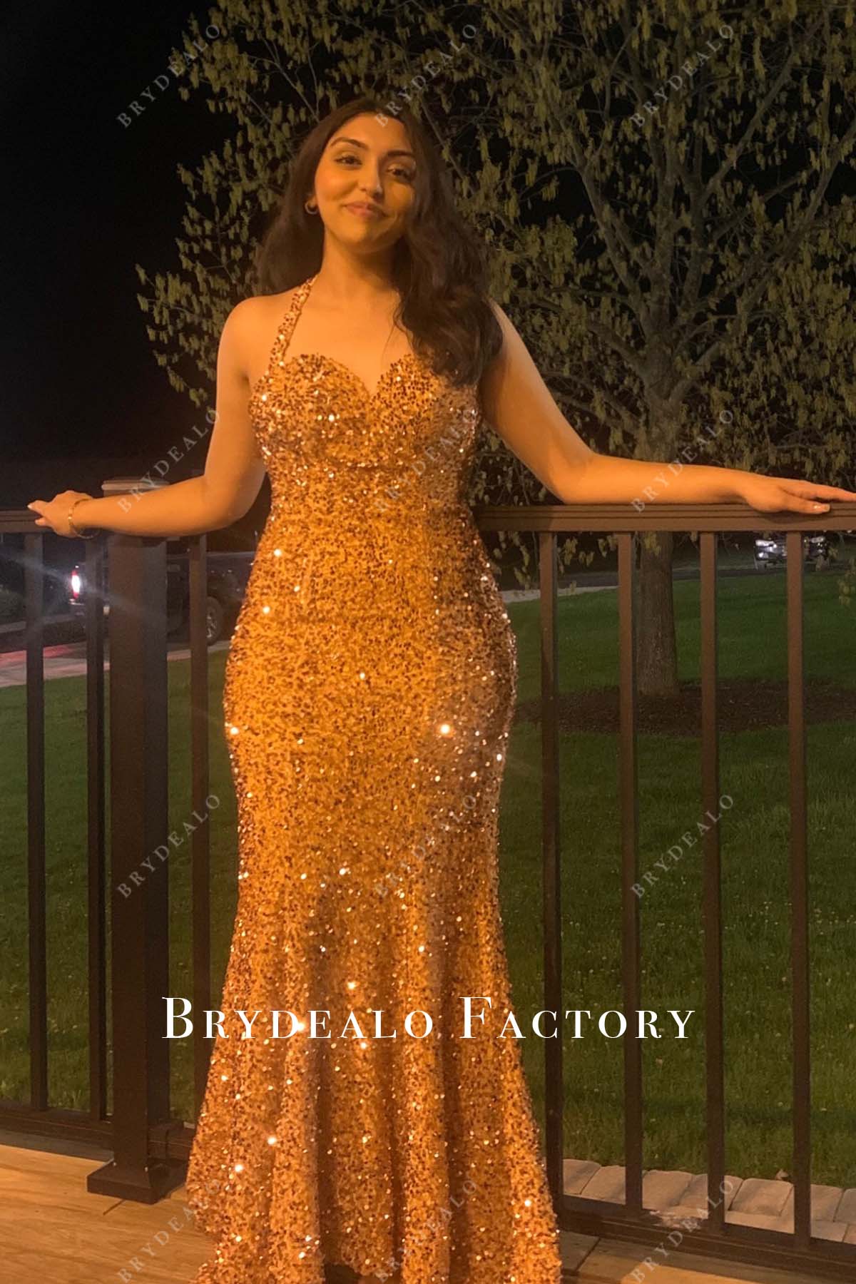 Custom Sparkly Sequin Gold Mermaid Halter Prom Dress