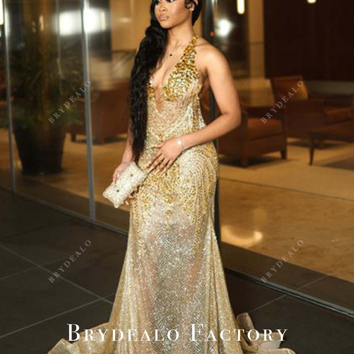 Gold Shimmer Halter Sheer Mermaid Horsehair Prom Dress