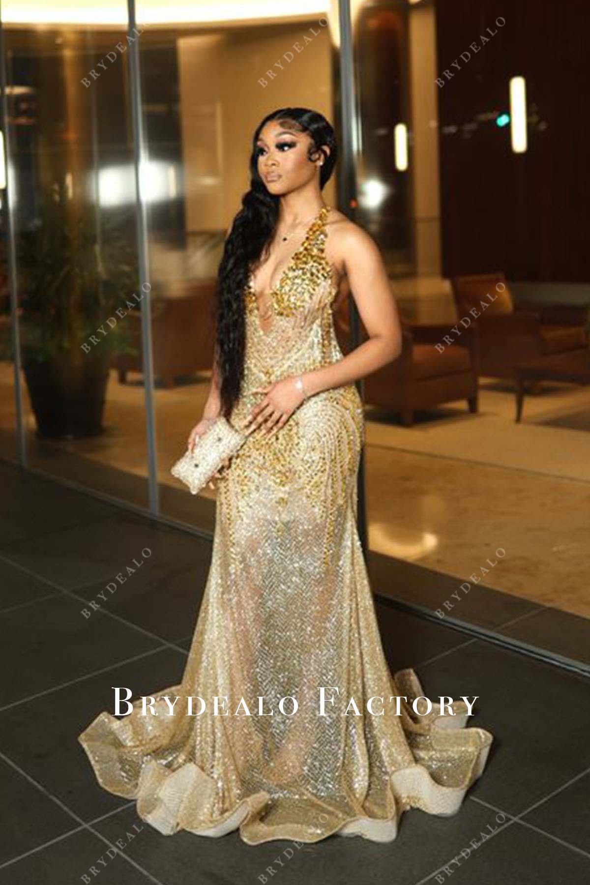 gold sequin halter neck mermaid prom dress