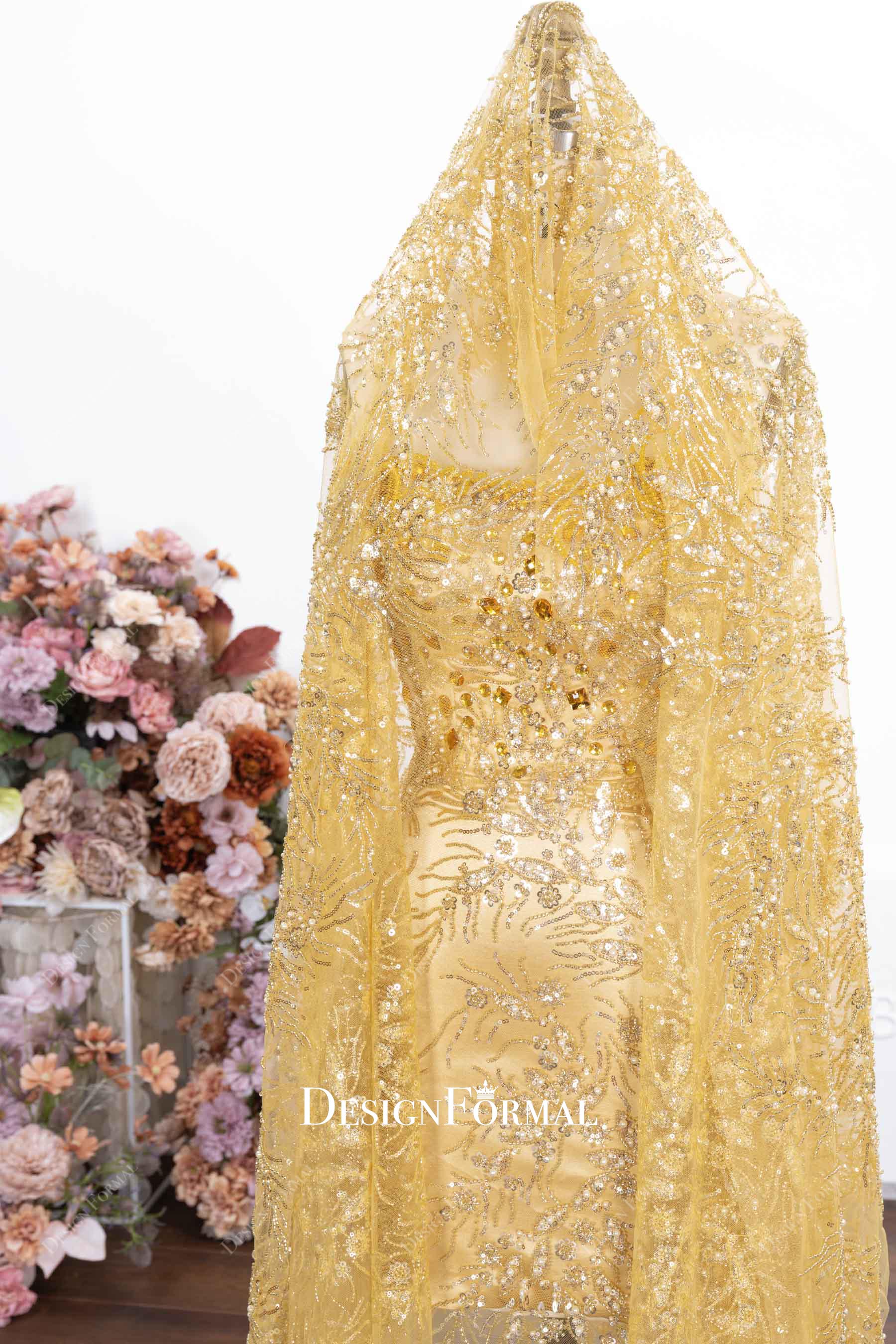 gold sequin illusion shawl mermaid prom dress